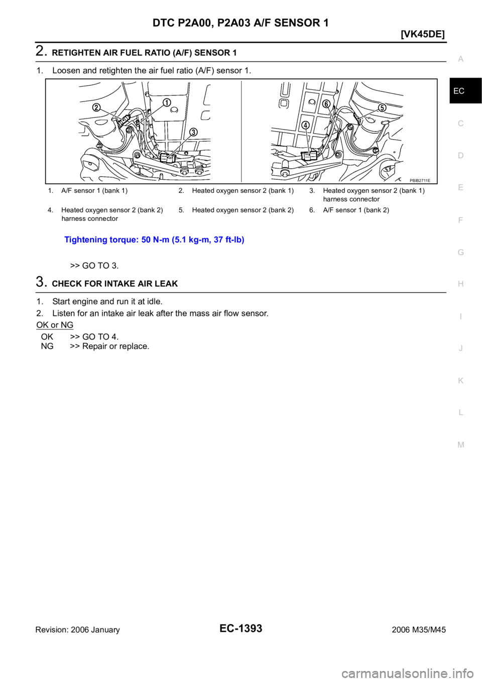INFINITI M35 2006  Factory Service Manual DTC P2A00, P2A03 A/F SENSOR 1
EC-1393
[VK45DE]
C
D
E
F
G
H
I
J
K
L
MA
EC
Revision: 2006 January2006 M35/M45
2. RETIGHTEN AIR FUEL RATIO (A/F) SENSOR 1
1. Loosen and retighten the air fuel ratio (A/F) 