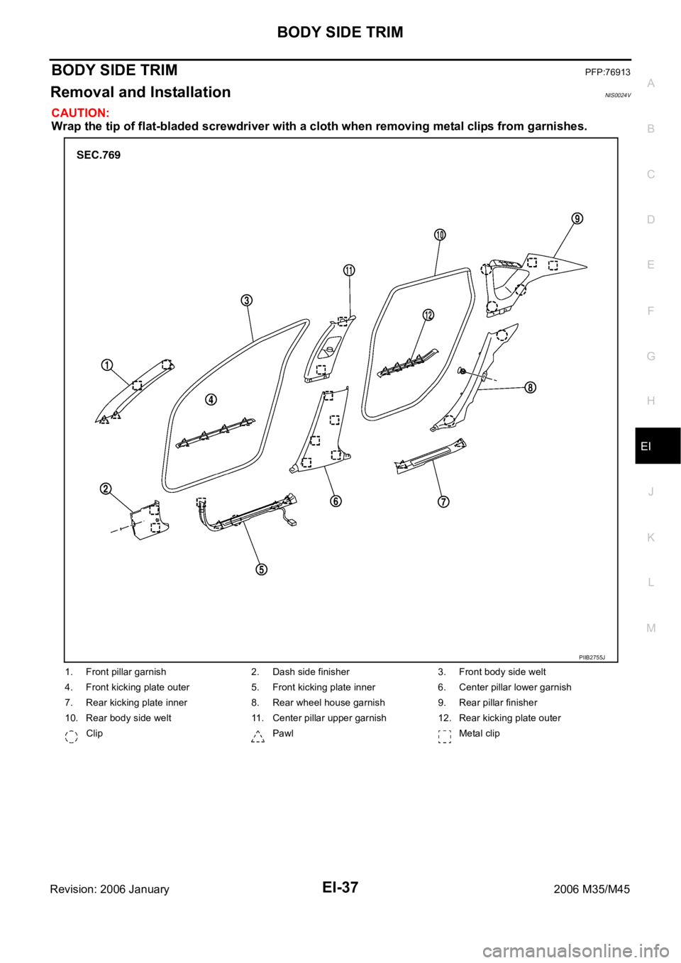 INFINITI M35 2006 Factory Service Manual BODY SIDE TRIM
EI-37
C
D
E
F
G
H
J
K
L
MA
B
EI
Revision: 2006 January2006 M35/M45
BODY SIDE TRIMPFP:76913
Removal and InstallationNIS0024V
CAUTION:
Wrap the tip of flat-bladed screwdriver with a cloth INFINITI M35 2006 Factory Service Manual BODY SIDE TRIM
EI-37
C
D
E
F
G
H
J
K
L
MA
B
EI
Revision: 2006 January2006 M35/M45
BODY SIDE TRIMPFP:76913
Removal and InstallationNIS0024V
CAUTION:
Wrap the tip of flat-bladed screwdriver with a cloth