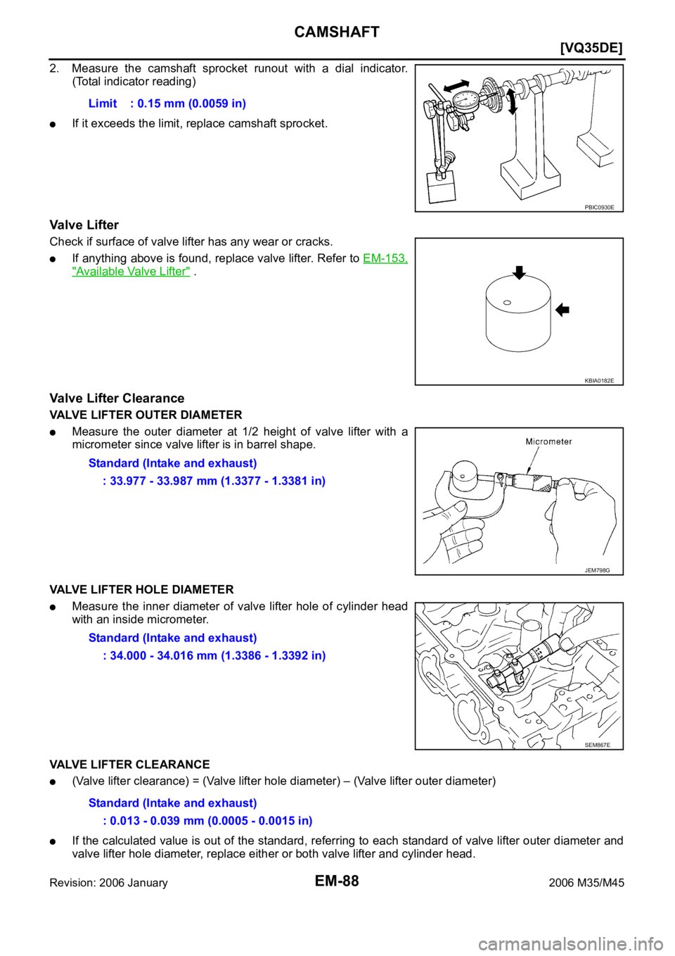 INFINITI M35 2006  Factory Workshop Manual EM-88
[VQ35DE]
CAMSHAFT
Revision: 2006 January2006 M35/M45
2. Measure  the  camshaft  sprocket  runout  with  a  dial  indicator.
(Total indicator reading)
If it exceeds the limit, replace camshaft sp