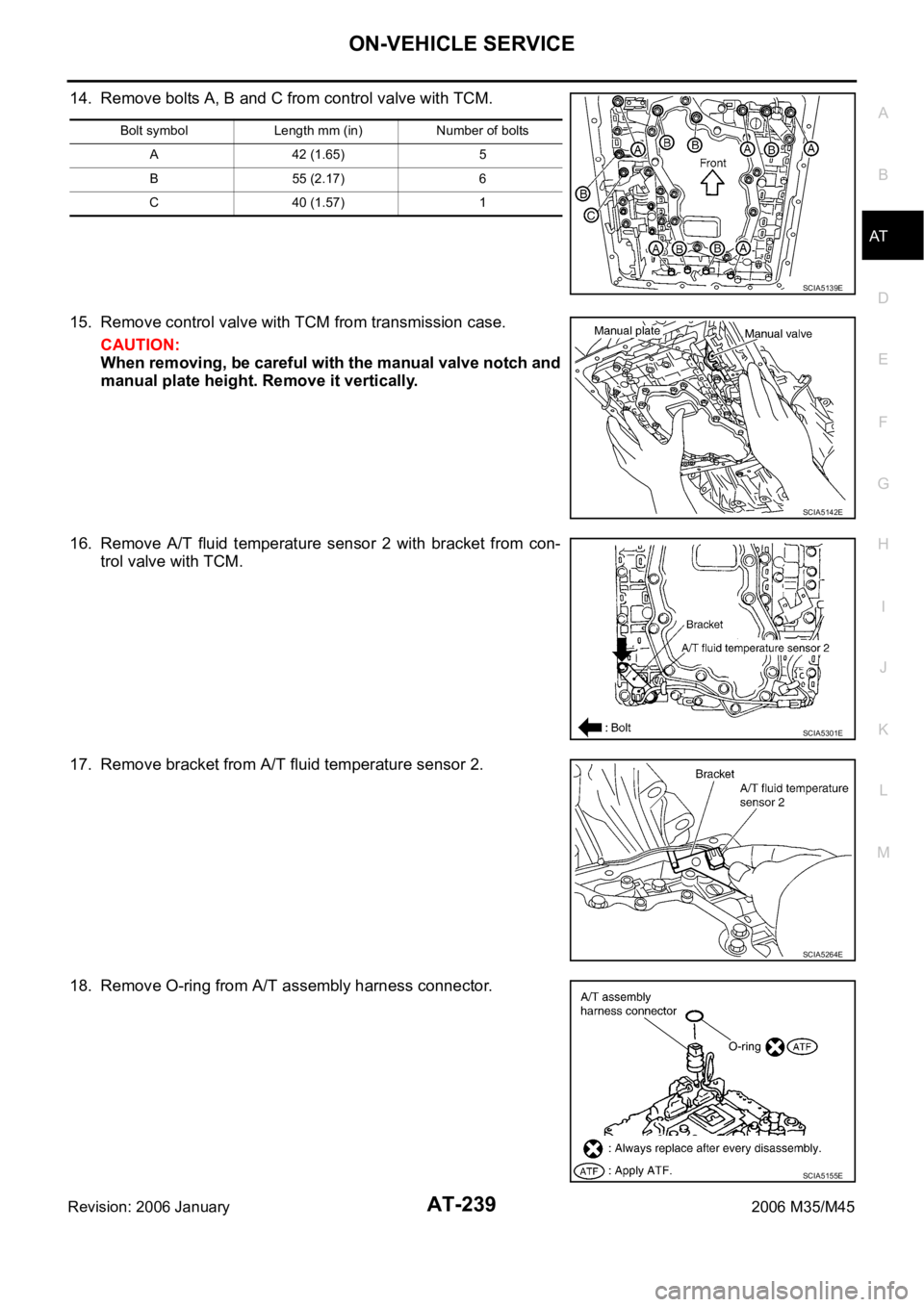 INFINITI M35 2006  Factory Service Manual ON-VEHICLE SERVICE
AT-239
D
E
F
G
H
I
J
K
L
MA
B
AT
Revision: 2006 January2006 M35/M45
14. Remove bolts A, B and C from control valve with TCM.
15. Remove control valve with TCM from transmission case