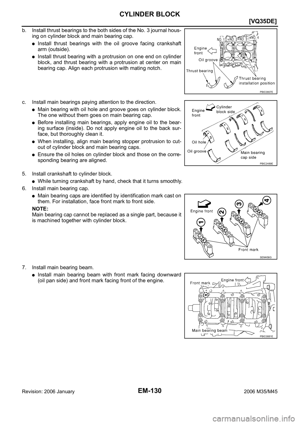 INFINITI M35 2006  Factory Service Manual EM-130
[VQ35DE]
CYLINDER BLOCK
Revision: 2006 January2006 M35/M45
b. Install thrust bearings to the both sides of the No. 3 journal hous-
ing on cylinder block and main bearing cap.
Install  thrust  b