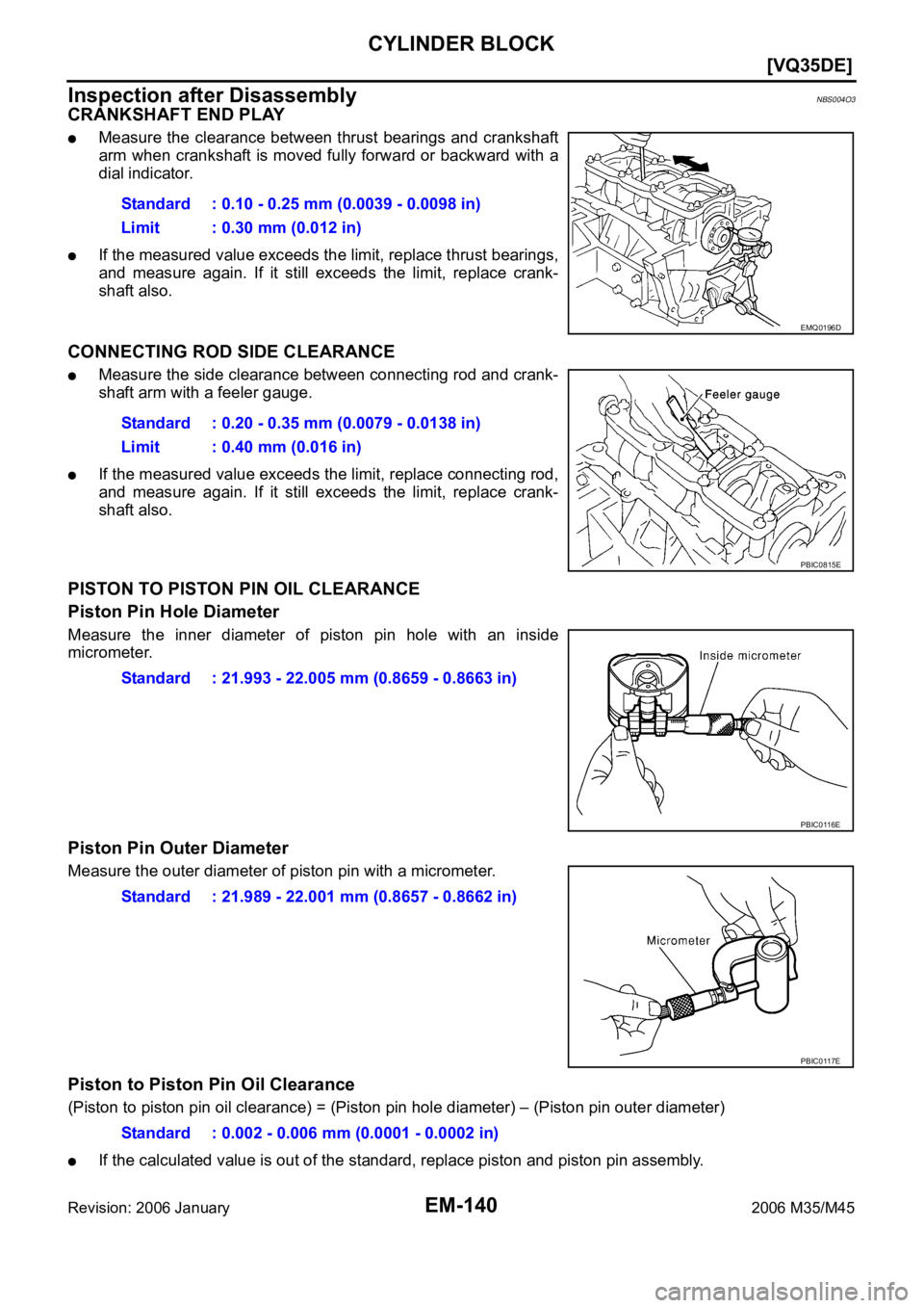 INFINITI M35 2006  Factory Service Manual EM-140
[VQ35DE]
CYLINDER BLOCK
Revision: 2006 January2006 M35/M45
Inspection after DisassemblyNBS004O3
CRANKSHAFT END PLAY
Measure the clearance between thrust bearings and crankshaft
arm  when cranks