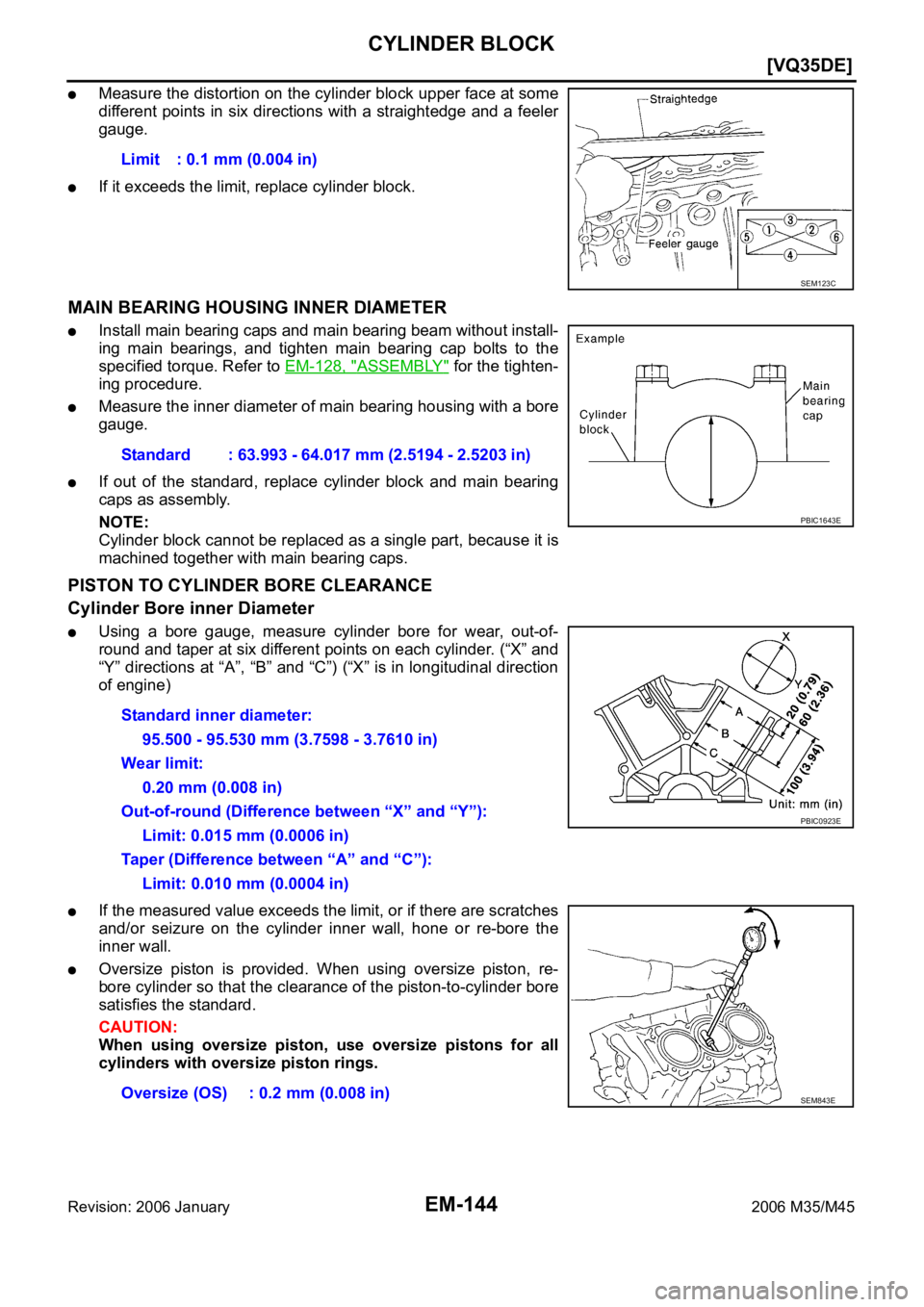 INFINITI M35 2006  Factory Service Manual EM-144
[VQ35DE]
CYLINDER BLOCK
Revision: 2006 January2006 M35/M45
Measure the distortion on the cylinder block upper face at some
different points in six directions with a straightedge  and  a feeler
