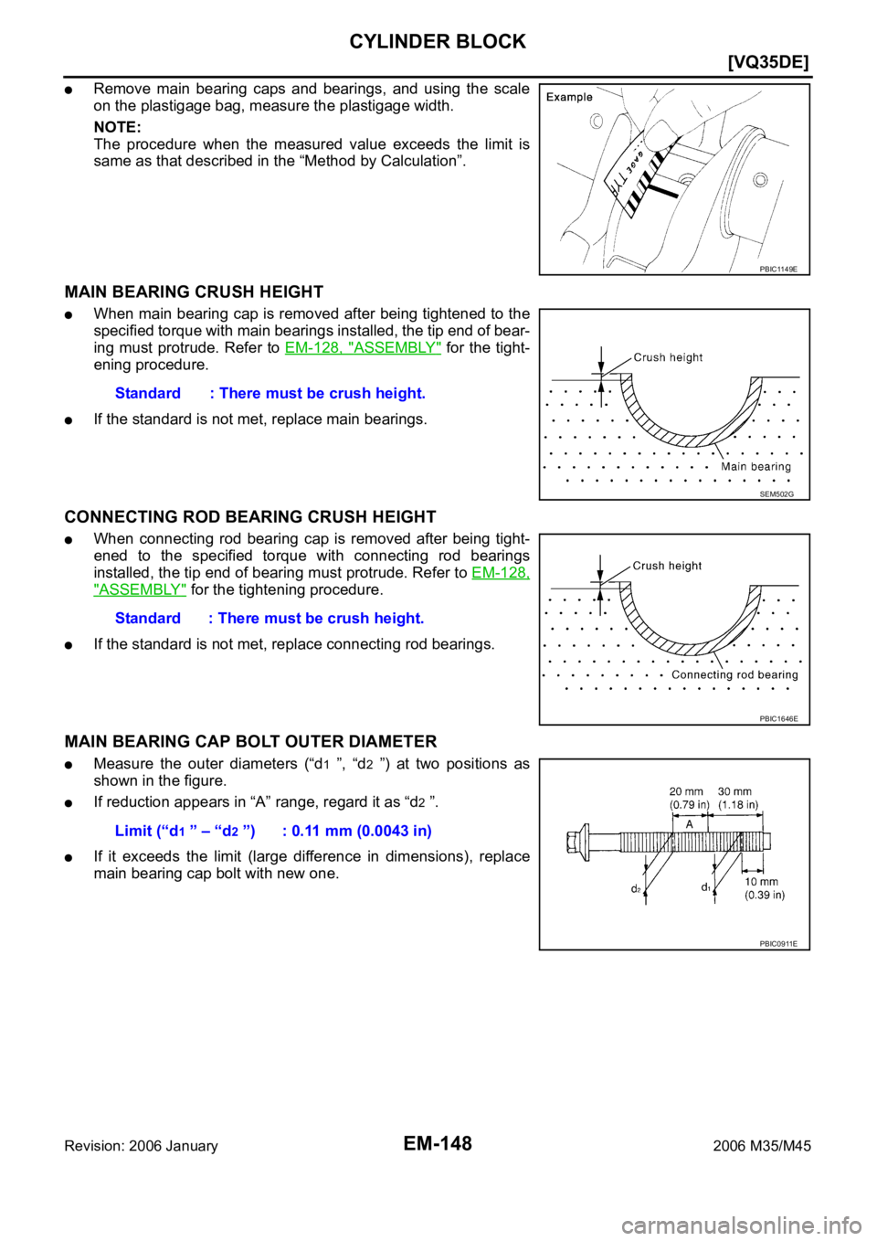 INFINITI M35 2006  Factory Owners Manual EM-148
[VQ35DE]
CYLINDER BLOCK
Revision: 2006 January2006 M35/M45
Remove main bearing caps and bearings, and using the scale
on the plastigage bag, measure the plastigage width. 
NOTE:
The  procedure 