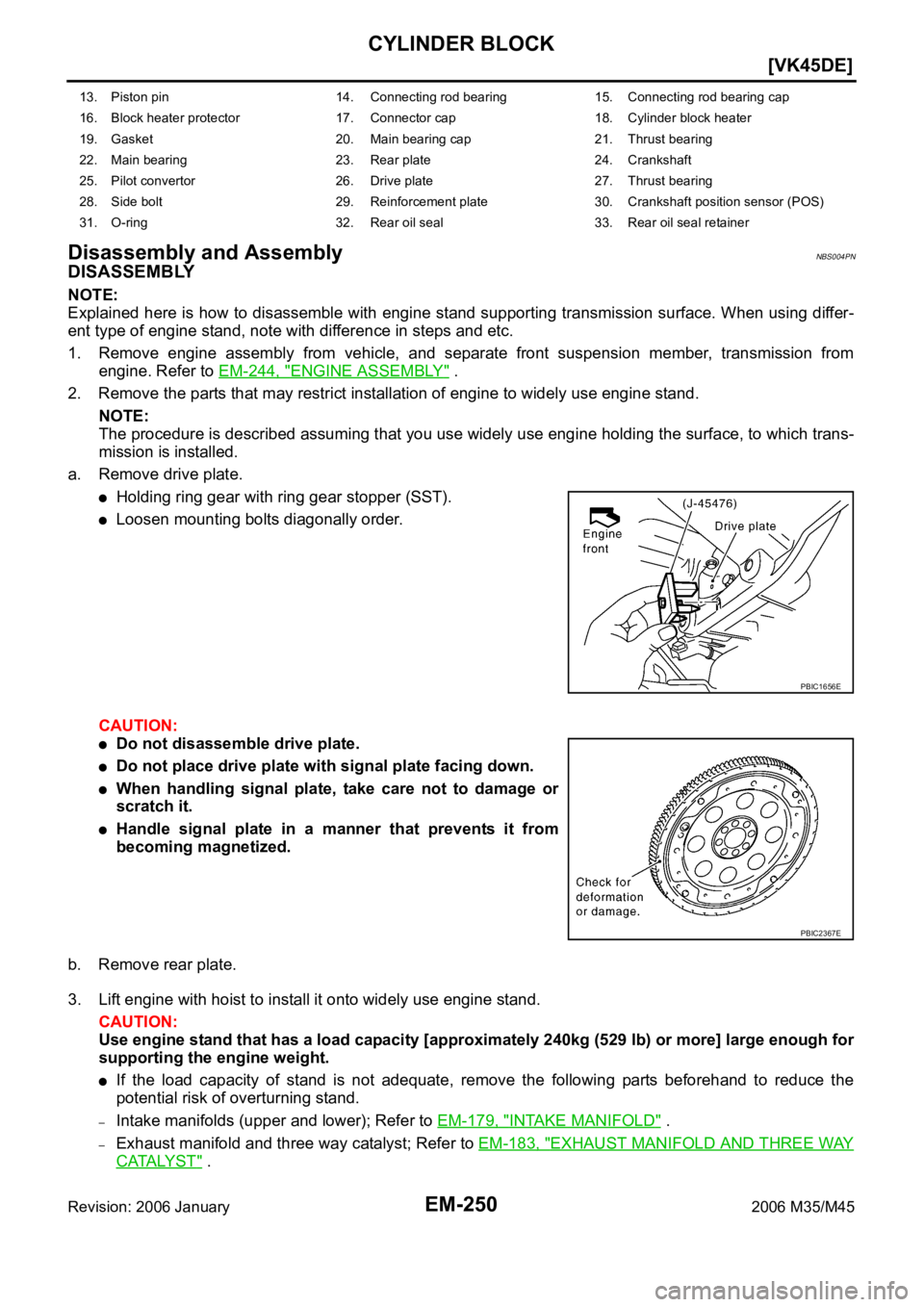 INFINITI M35 2006  Factory Service Manual EM-250
[VK45DE]
CYLINDER BLOCK
Revision: 2006 January2006 M35/M45
Disassembly and AssemblyNBS004PN
DISASSEMBLY
NOTE:
Explained here is how  to disassemble with engine stand  supporting transmission su