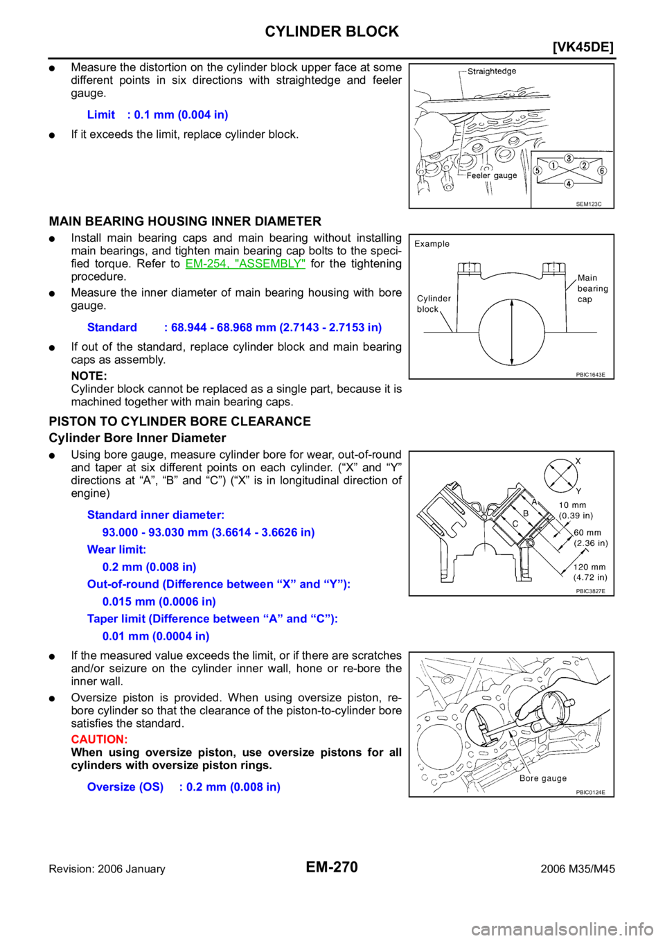 INFINITI M35 2006  Factory Service Manual EM-270
[VK45DE]
CYLINDER BLOCK
Revision: 2006 January2006 M35/M45
Measure the distortion on the cylinder block upper face at some
different  points  in  six  directions  with  straightedge  and  feele