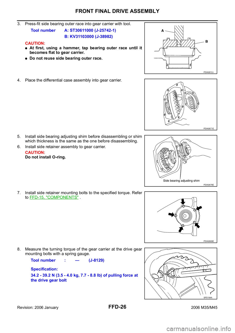 INFINITI M35 2006 Factory Owners Manual FFD-26
FRONT FINAL DRIVE ASSEMBLY
Revision: 2006 January2006 M35/M45
3. Press-fit side bearing outer race into gear carrier with tool.
CAUTION:
At first, using a hammer, tap bearing outer race INFINITI M35 2006 Factory Owners Manual FFD-26
FRONT FINAL DRIVE ASSEMBLY
Revision: 2006 January2006 M35/M45
3. Press-fit side bearing outer race into gear carrier with tool.
CAUTION:
At first, using a hammer, tap bearing outer race