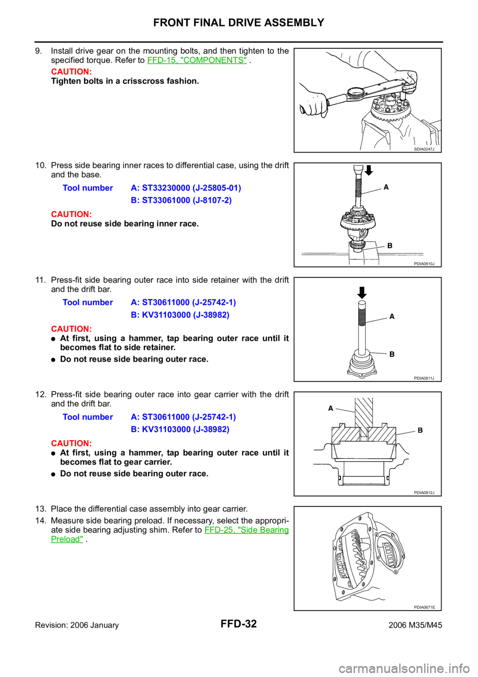 INFINITI M35 2006 Factory Owners Manual FFD-32
FRONT FINAL DRIVE ASSEMBLY
Revision: 2006 January2006 M35/M45
9. Install drive gear on the mounting bolts, and then tighten to the
specified torque. Refer to FFD-15, "
COMPONENTS" INFINITI M35 2006 Factory Owners Manual FFD-32
FRONT FINAL DRIVE ASSEMBLY
Revision: 2006 January2006 M35/M45
9. Install drive gear on the mounting bolts, and then tighten to the
specified torque. Refer to FFD-15, "
COMPONENTS"