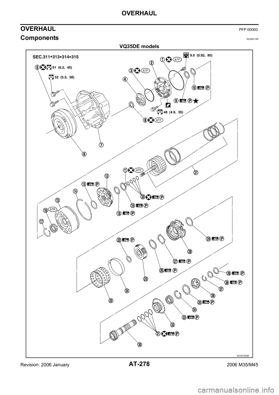 INFINITI M35 2006 Factory Service Manual AT-278
OVERHAUL
Revision: 2006 January2006 M35/M45
OVERHAULPFP:00000
ComponentsNCS001R0
VQ35DE models
SCIA7040E INFINITI M35 2006 Factory Service Manual AT-278
OVERHAUL
Revision: 2006 January2006 M35/M45
OVERHAULPFP:00000
ComponentsNCS001R0
VQ35DE models
SCIA7040E