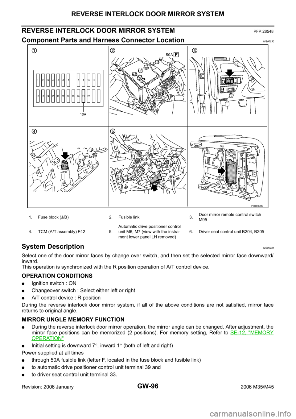 INFINITI M35 2006 Factory Service Manual GW-96
REVERSE INTERLOCK DOOR MIRROR SYSTEM
Revision: 2006 January2006 M35/M45
REVERSE INTERLOCK DOOR MIRROR SYSTEMPFP:28548
Component Parts and Harness Connector LocationNIS00230
System DescriptionNIS INFINITI M35 2006 Factory Service Manual GW-96
REVERSE INTERLOCK DOOR MIRROR SYSTEM
Revision: 2006 January2006 M35/M45
REVERSE INTERLOCK DOOR MIRROR SYSTEMPFP:28548
Component Parts and Harness Connector LocationNIS00230
System DescriptionNIS