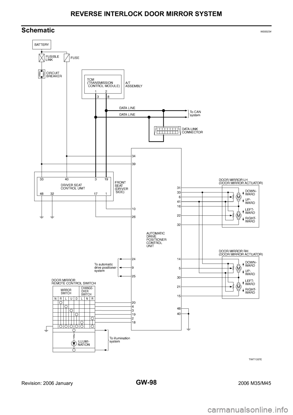 INFINITI M35 2006  Factory Owners Guide GW-98
REVERSE INTERLOCK DOOR MIRROR SYSTEM
Revision: 2006 January2006 M35/M45
SchematicNIS00234
TIWT1357E 