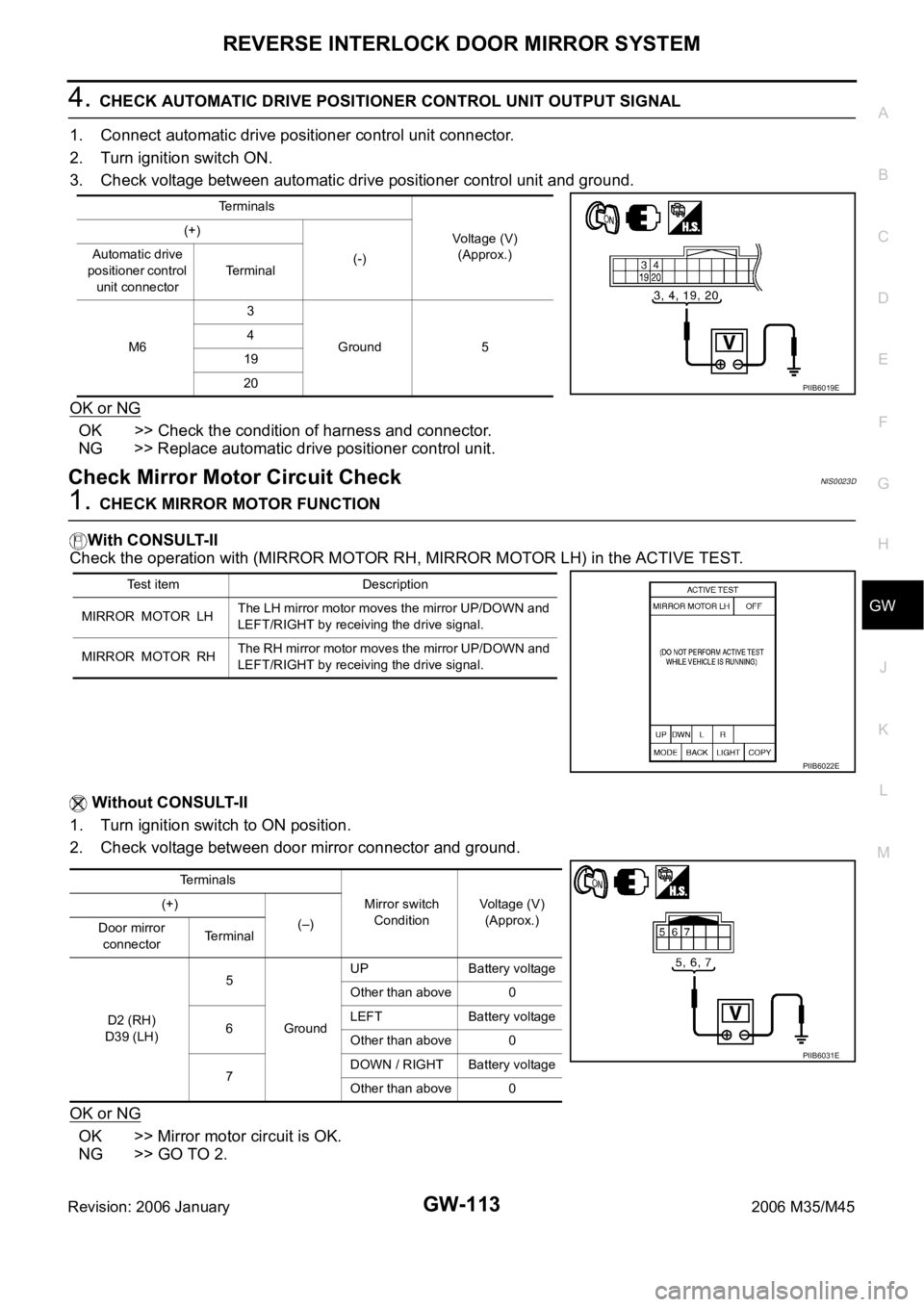 INFINITI M35 2006 Factory Service Manual REVERSE INTERLOCK DOOR MIRROR SYSTEM
GW-113
C
D
E
F
G
H
J
K
L
MA
B
GW
Revision: 2006 January2006 M35/M45
4. CHECK AUTOMATIC DRIVE POSITIONER CONTROL UNIT OUTPUT SIGNAL
1. Connect automatic drive posit INFINITI M35 2006 Factory Service Manual REVERSE INTERLOCK DOOR MIRROR SYSTEM
GW-113
C
D
E
F
G
H
J
K
L
MA
B
GW
Revision: 2006 January2006 M35/M45
4. CHECK AUTOMATIC DRIVE POSITIONER CONTROL UNIT OUTPUT SIGNAL
1. Connect automatic drive posit