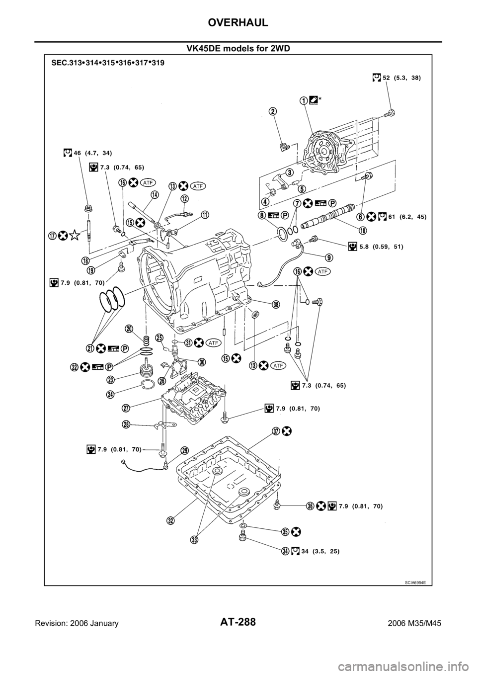 INFINITI M35 2006  Factory Service Manual AT-288
OVERHAUL
Revision: 2006 January2006 M35/M45
VK45DE models for 2WD
SCIA6954E 