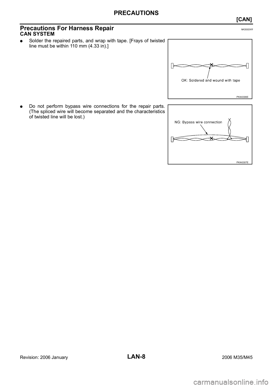 INFINITI M35 2006  Factory Service Manual LAN-8
[CAN]
PRECAUTIONS
Revision: 2006 January2006 M35/M45
Precautions For Harness RepairNKS003XR
CAN SYSTEM
Solder the  repaired  parts,  and  wrap  with  tape. [Frays  of  twisted
line must be withi