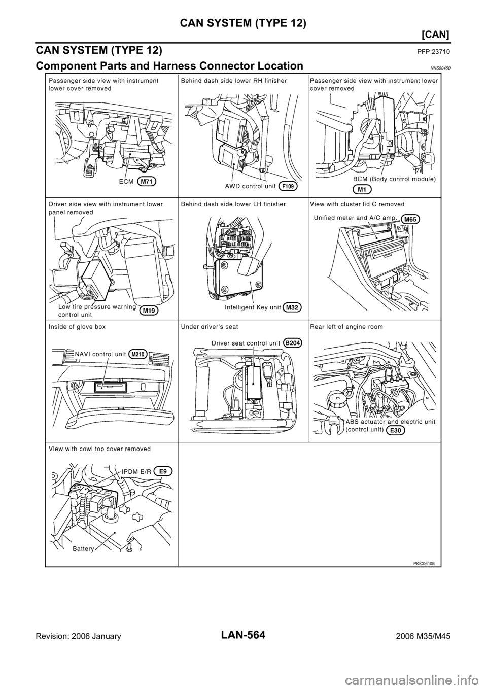 INFINITI M35 2006  Factory Service Manual LAN-564
[CAN]
CAN SYSTEM (TYPE 12)
Revision: 2006 January2006 M35/M45
CAN SYSTEM (TYPE 12)PFP:23710
Component Parts and Harness Connector LocationNKS0045D
PKIC0610E 
