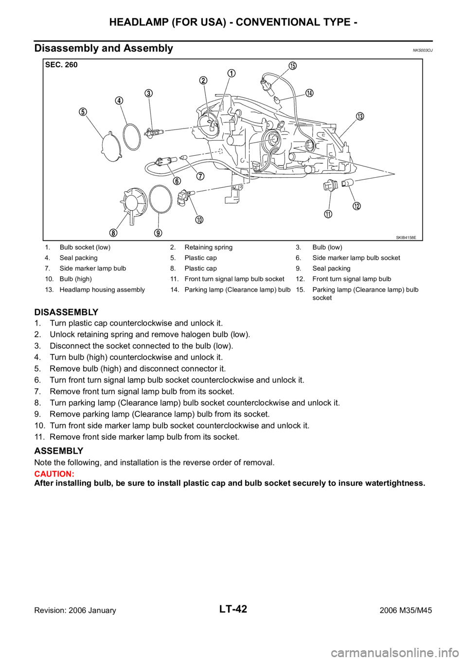 INFINITI M35 2006 Factory Service Manual LT-42
HEADLAMP (FOR USA) - CONVENTIONAL TYPE -
Revision: 2006 January2006 M35/M45
Disassembly and AssemblyNKS003OJ
DISASSEMBLY
1. Turn plastic cap counterclockwise and unlock it.
2. Unlock retaining s INFINITI M35 2006 Factory Service Manual LT-42
HEADLAMP (FOR USA) - CONVENTIONAL TYPE -
Revision: 2006 January2006 M35/M45
Disassembly and AssemblyNKS003OJ
DISASSEMBLY
1. Turn plastic cap counterclockwise and unlock it.
2. Unlock retaining s
