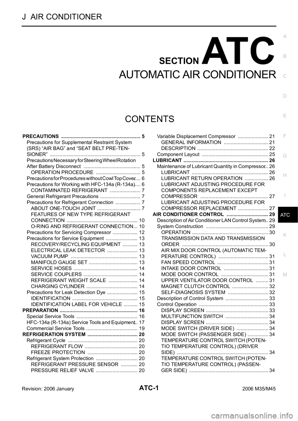 INFINITI M35 2006  Factory Service Manual ATC-1
AUTOMATIC AIR CONDITIONER
J  AIR CONDITIONER
CONTENTS
C
D
E
F
G
H
I
K
L
M
SECTION AT C
A
B
AT C
Revision: 2006 January2006 M35/M45
AUTOMATIC AIR CONDITIONER
PRECAUTIONS  ........................