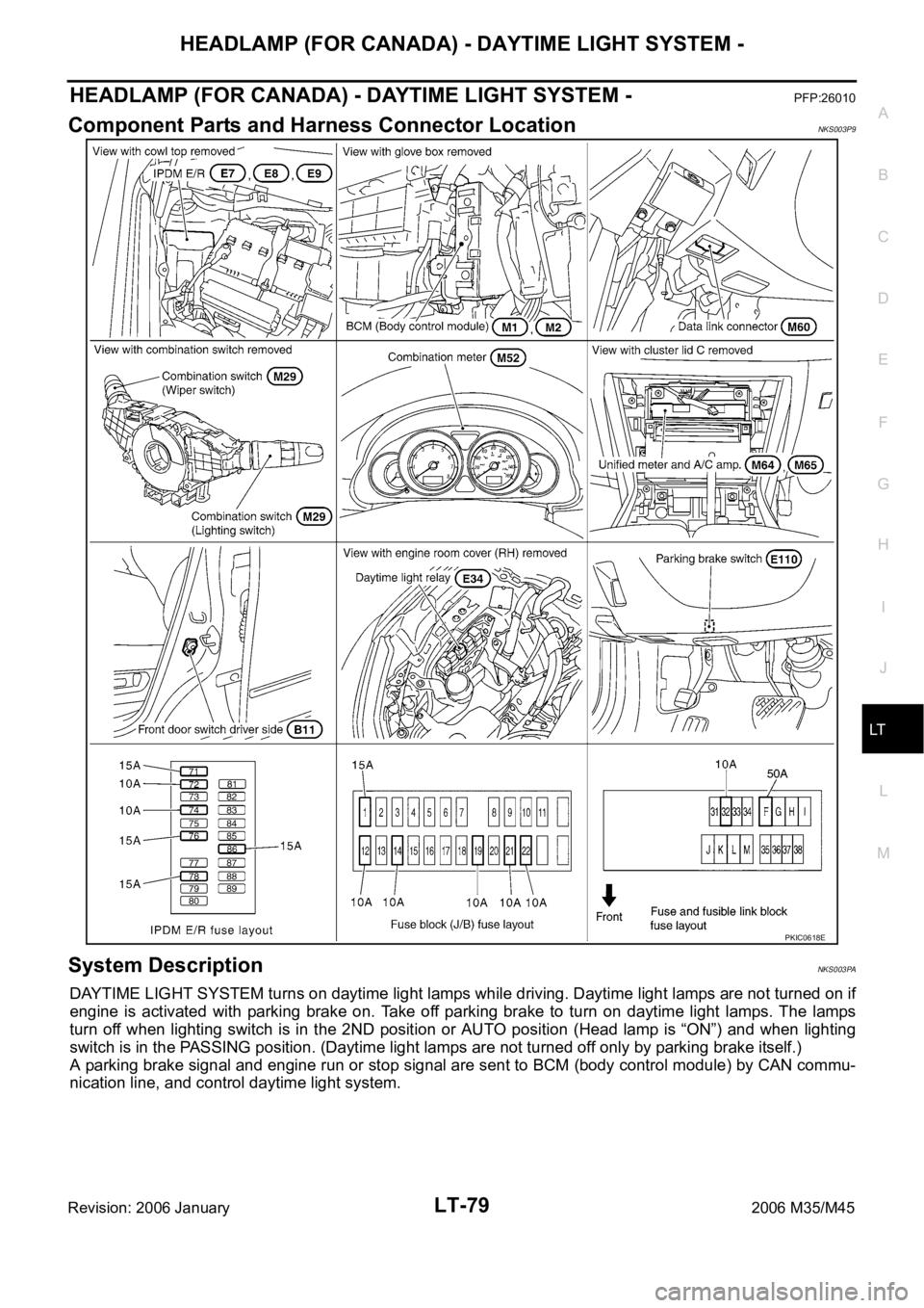 INFINITI M35 2006 Factory Service Manual HEADLAMP (FOR CANADA) - DAYTIME LIGHT SYSTEM -
LT-79
C
D
E
F
G
H
I
J
L
MA
B
LT
Revision: 2006 January2006 M35/M45
HEADLAMP (FOR CANADA) - DAYTIME LIGHT SYSTEM -PFP:26010
Component Parts and Harness Co INFINITI M35 2006 Factory Service Manual HEADLAMP (FOR CANADA) - DAYTIME LIGHT SYSTEM -
LT-79
C
D
E
F
G
H
I
J
L
MA
B
LT
Revision: 2006 January2006 M35/M45
HEADLAMP (FOR CANADA) - DAYTIME LIGHT SYSTEM -PFP:26010
Component Parts and Harness Co