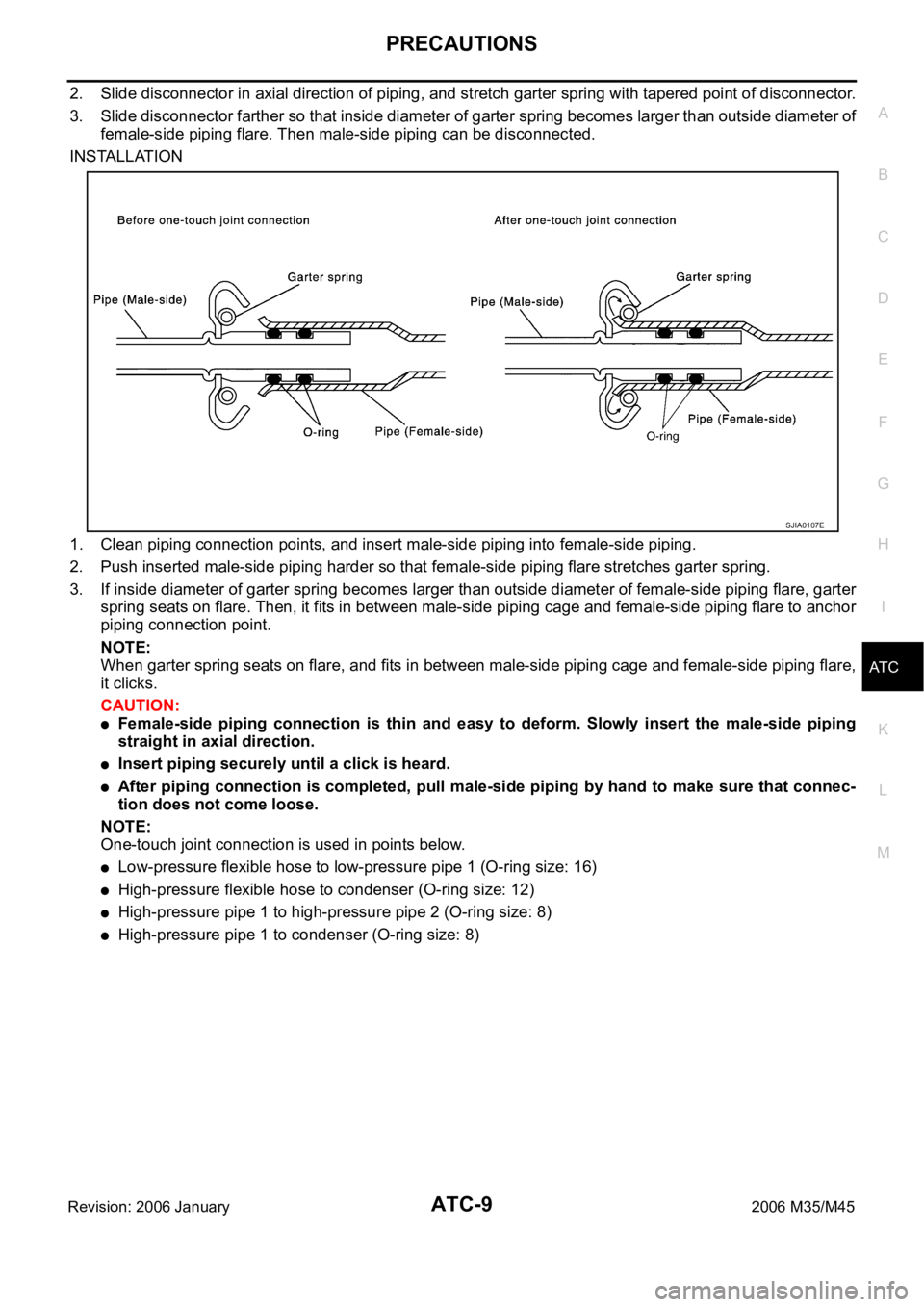 INFINITI M35 2006 Factory Service Manual PRECAUTIONS
ATC-9
C
D
E
F
G
H
I
K
L
MA
B
AT C
Revision: 2006 January2006 M35/M45
2. Slide disconnector in axial direction of piping, and stretch garter spring with tapered point of disconnector.
3. Sl INFINITI M35 2006 Factory Service Manual PRECAUTIONS
ATC-9
C
D
E
F
G
H
I
K
L
MA
B
AT C
Revision: 2006 January2006 M35/M45
2. Slide disconnector in axial direction of piping, and stretch garter spring with tapered point of disconnector.
3. Sl