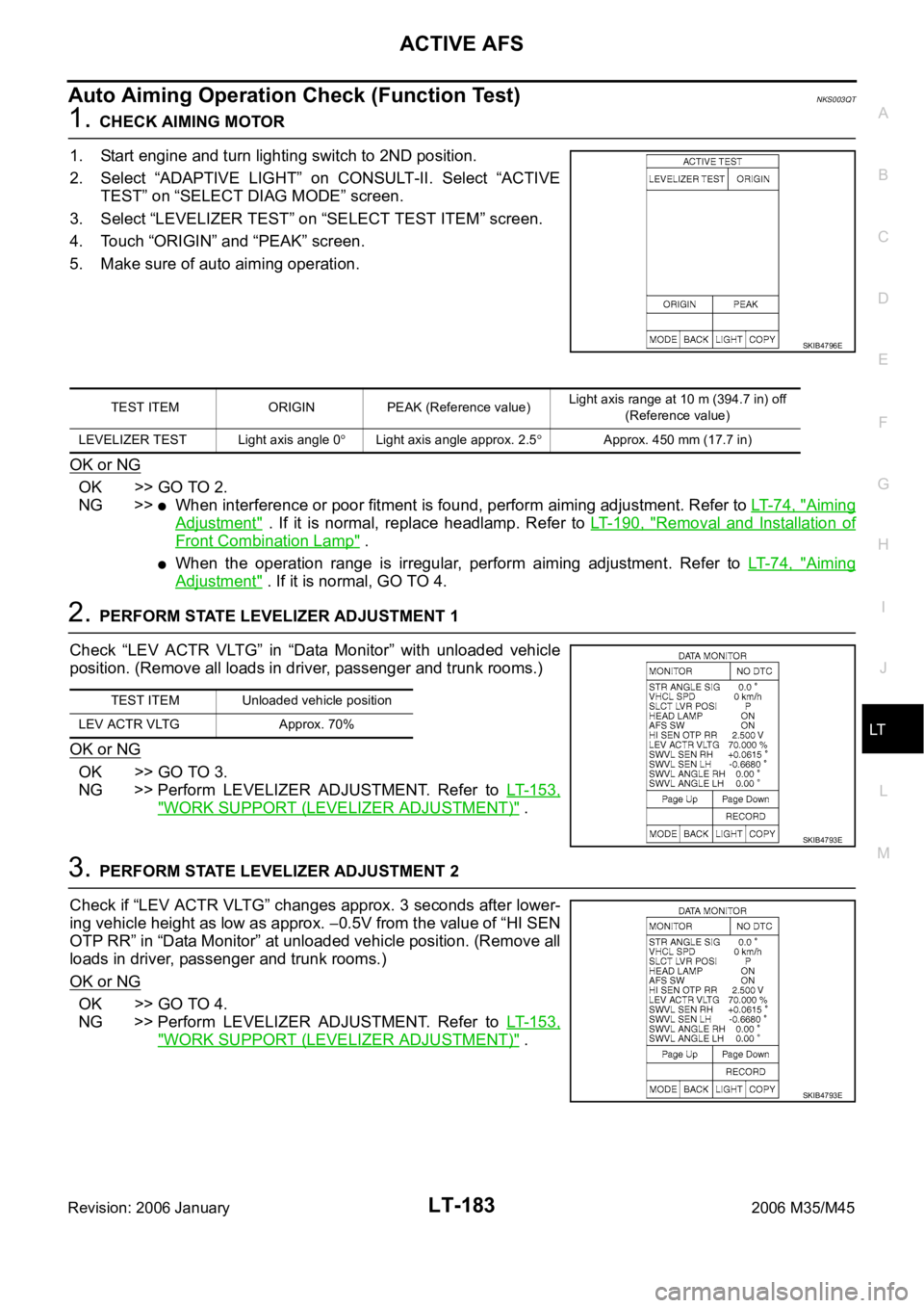 INFINITI M35 2006 Factory Service Manual ACTIVE AFS
LT-183
C
D
E
F
G
H
I
J
L
MA
B
LT
Revision: 2006 January2006 M35/M45
Auto Aiming Operation Check (Function Test)NKS003QT
1. CHECK AIMING MOTOR
1. Start engine and turn lighting switch to 2ND INFINITI M35 2006 Factory Service Manual ACTIVE AFS
LT-183
C
D
E
F
G
H
I
J
L
MA
B
LT
Revision: 2006 January2006 M35/M45
Auto Aiming Operation Check (Function Test)NKS003QT
1. CHECK AIMING MOTOR
1. Start engine and turn lighting switch to 2ND