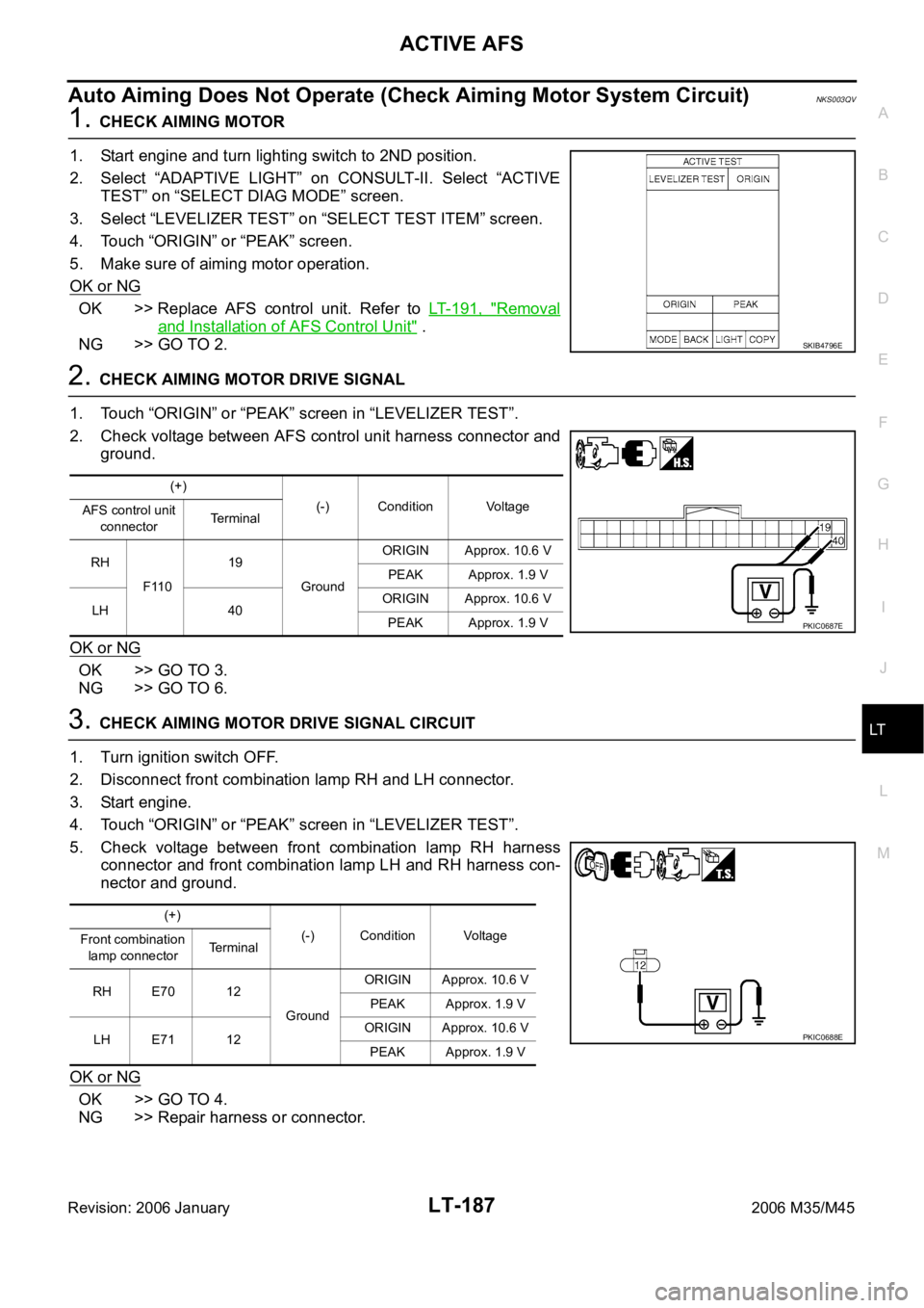 INFINITI M35 2006 Factory Service Manual ACTIVE AFS
LT-187
C
D
E
F
G
H
I
J
L
MA
B
LT
Revision: 2006 January2006 M35/M45
Auto Aiming Does Not Operate (Check Aiming Motor System Circuit)NKS003QV
1. CHECK AIMING MOTOR
1. Start engine and turn l INFINITI M35 2006 Factory Service Manual ACTIVE AFS
LT-187
C
D
E
F
G
H
I
J
L
MA
B
LT
Revision: 2006 January2006 M35/M45
Auto Aiming Does Not Operate (Check Aiming Motor System Circuit)NKS003QV
1. CHECK AIMING MOTOR
1. Start engine and turn l