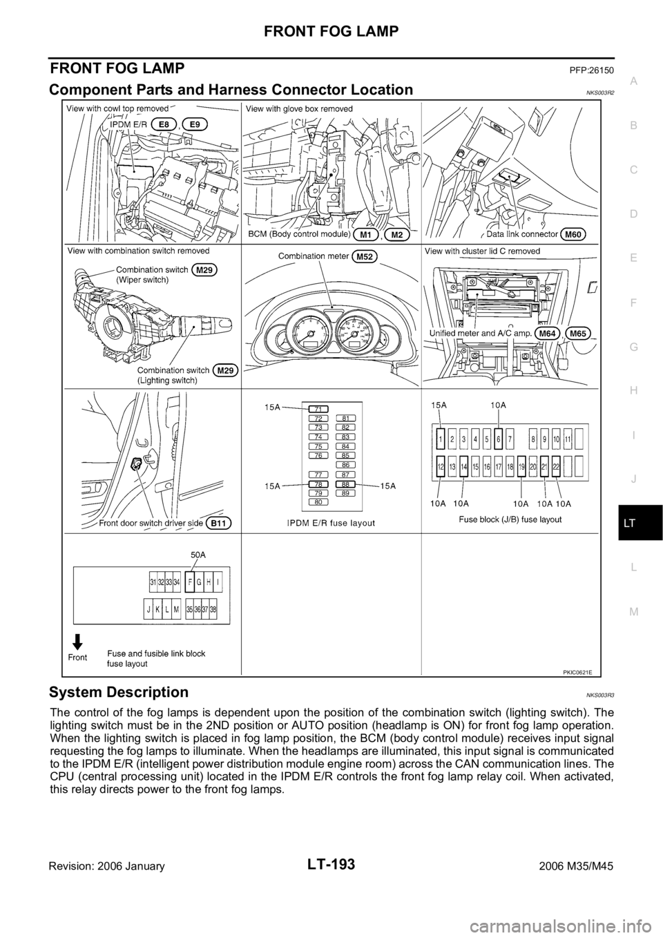 INFINITI M35 2006 Factory Service Manual FRONT FOG LAMP
LT-193
C
D
E
F
G
H
I
J
L
MA
B
LT
Revision: 2006 January2006 M35/M45
FRONT FOG LAMPPFP:26150
Component Parts and Harness Connector LocationNKS003R2
System DescriptionNKS003R3
The contro INFINITI M35 2006 Factory Service Manual FRONT FOG LAMP
LT-193
C
D
E
F
G
H
I
J
L
MA
B
LT
Revision: 2006 January2006 M35/M45
FRONT FOG LAMPPFP:26150
Component Parts and Harness Connector LocationNKS003R2
System DescriptionNKS003R3
The contro