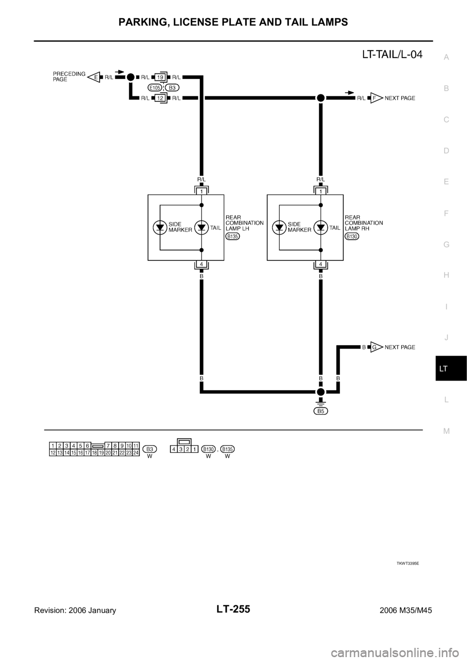 INFINITI M35 2006  Factory Service Manual PARKING, LICENSE PLATE AND TAIL LAMPS
LT-255
C
D
E
F
G
H
I
J
L
MA
B
LT
Revision: 2006 January2006 M35/M45
TKWT3395E 