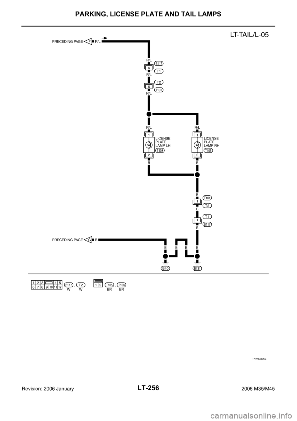 INFINITI M35 2006  Factory Service Manual LT-256
PARKING, LICENSE PLATE AND TAIL LAMPS
Revision: 2006 January2006 M35/M45
TKWT3396E 