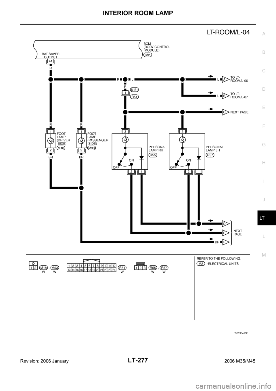 INFINITI M35 2006  Factory Service Manual INTERIOR ROOM LAMP
LT-277
C
D
E
F
G
H
I
J
L
MA
B
LT
Revision: 2006 January2006 M35/M45
TKWT3405E 
