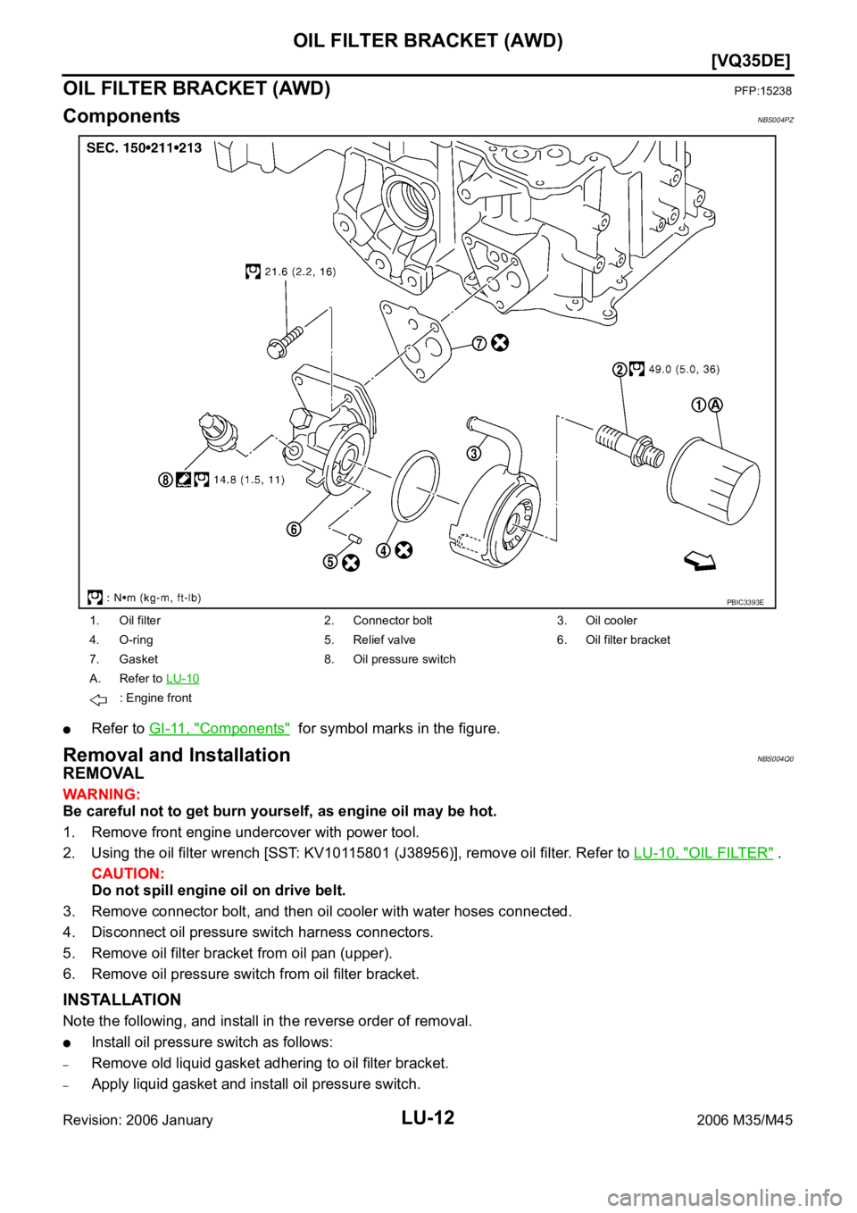 INFINITI M35 2006  Factory Owners Manual LU-12
[VQ35DE]
OIL FILTER BRACKET (AWD)
Revision: 2006 January2006 M35/M45
OIL FILTER BRACKET (AWD)PFP:15238
ComponentsNBS004PZ
Refer to GI-11, "Components"  for symbol marks in the figure.
Re