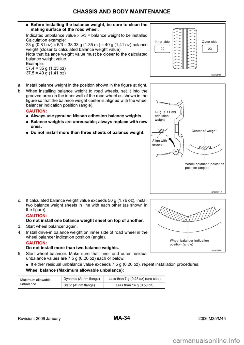 INFINITI M35 2006 Factory Manual PDF MA-34
CHASSIS AND BODY MAINTENANCE
Revision: 2006 January2006 M35/M45
Before installing the balance weight, be sure to clean the
mating surface of the road wheel.
Indicated unbalance value
5/3 = bal INFINITI M35 2006 Factory Manual PDF MA-34
CHASSIS AND BODY MAINTENANCE
Revision: 2006 January2006 M35/M45
Before installing the balance weight, be sure to clean the
mating surface of the road wheel.
Indicated unbalance value
5/3 = bal