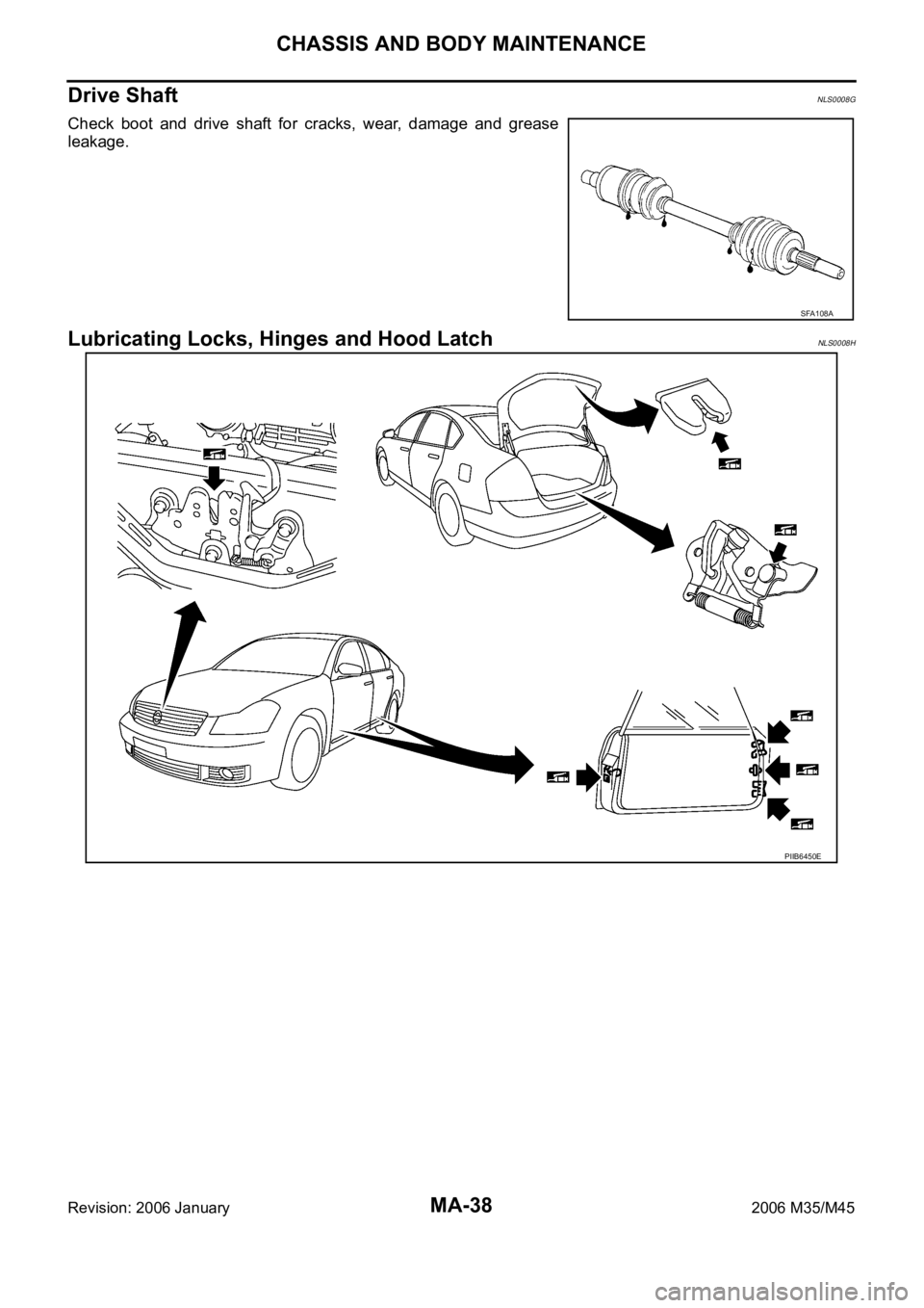 INFINITI M35 2006 Factory Manual PDF MA-38
CHASSIS AND BODY MAINTENANCE
Revision: 2006 January2006 M35/M45
Drive ShaftNLS0008G
Check boot and drive shaft for cracks, wear, damage and grease
leakage.
Lubricating Locks, Hinges an INFINITI M35 2006 Factory Manual PDF MA-38
CHASSIS AND BODY MAINTENANCE
Revision: 2006 January2006 M35/M45
Drive ShaftNLS0008G
Check boot and drive shaft for cracks, wear, damage and grease
leakage.
Lubricating Locks, Hinges an