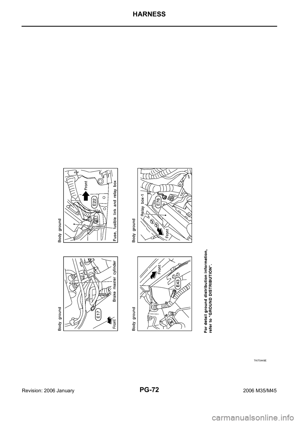INFINITI M35 2006 Factory Service Manual PG-72
HARNESS
Revision: 2006 January2006 M35/M45
TKIT0449E INFINITI M35 2006 Factory Service Manual PG-72
HARNESS
Revision: 2006 January2006 M35/M45
TKIT0449E