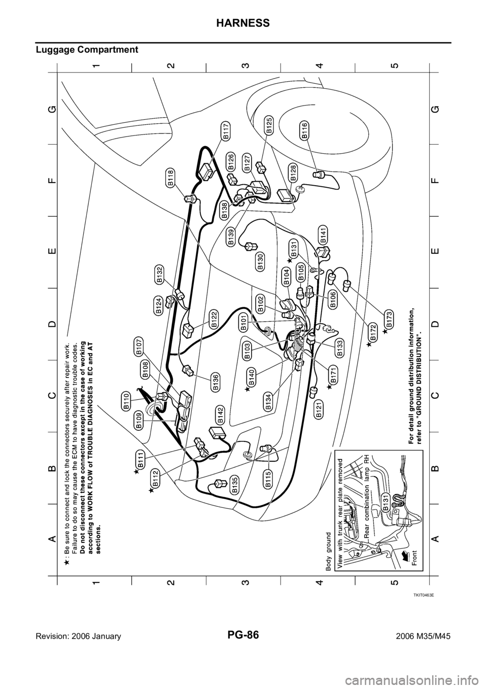 INFINITI M35 2006 Factory Service Manual PG-86
HARNESS
Revision: 2006 January2006 M35/M45
Luggage Compartment
TKIT0463E INFINITI M35 2006 Factory Service Manual PG-86
HARNESS
Revision: 2006 January2006 M35/M45
Luggage Compartment
TKIT0463E