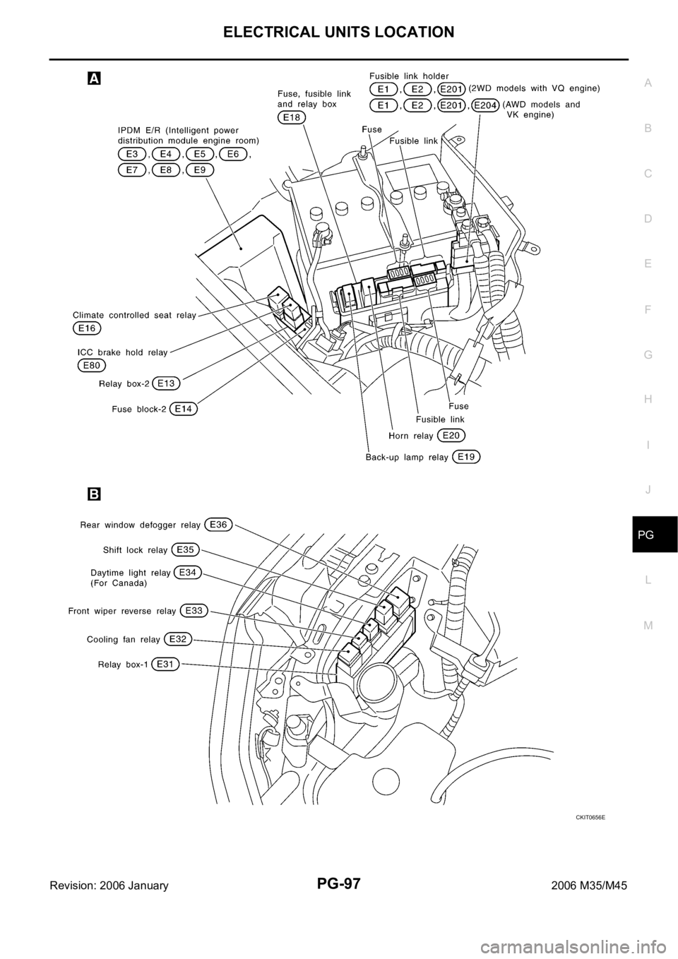 INFINITI M35 2006  Factory Service Manual ELECTRICAL UNITS LOCATION
PG-97
C
D
E
F
G
H
I
J
L
MA
B
PG
Revision: 2006 January2006 M35/M45
CKIT0656E 