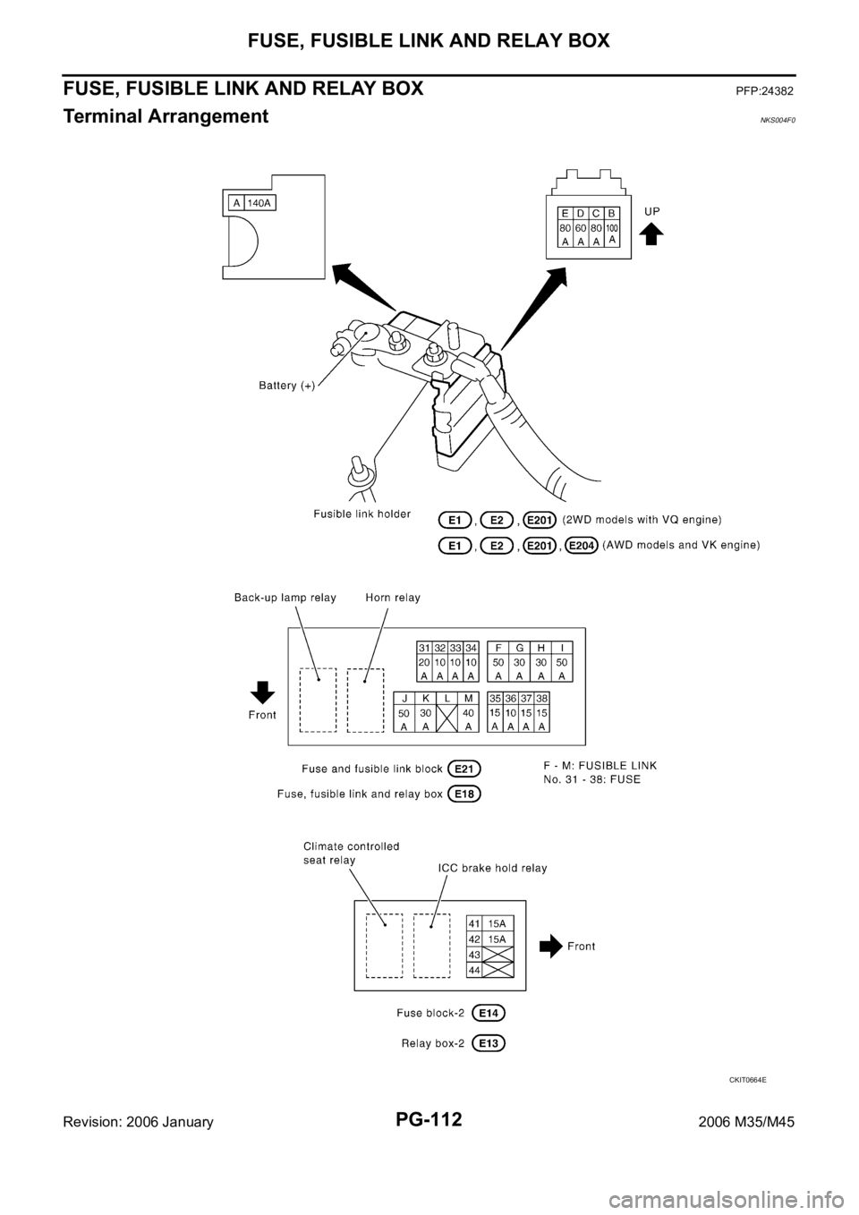 INFINITI M35 2006 Factory Service Manual PG-112
FUSE, FUSIBLE LINK AND RELAY BOX
Revision: 2006 January2006 M35/M45
FUSE, FUSIBLE LINK AND RELAY BOXPFP:24382
Terminal ArrangementNKS004F0
CKIT0664E INFINITI M35 2006 Factory Service Manual PG-112
FUSE, FUSIBLE LINK AND RELAY BOX
Revision: 2006 January2006 M35/M45
FUSE, FUSIBLE LINK AND RELAY BOXPFP:24382
Terminal ArrangementNKS004F0
CKIT0664E