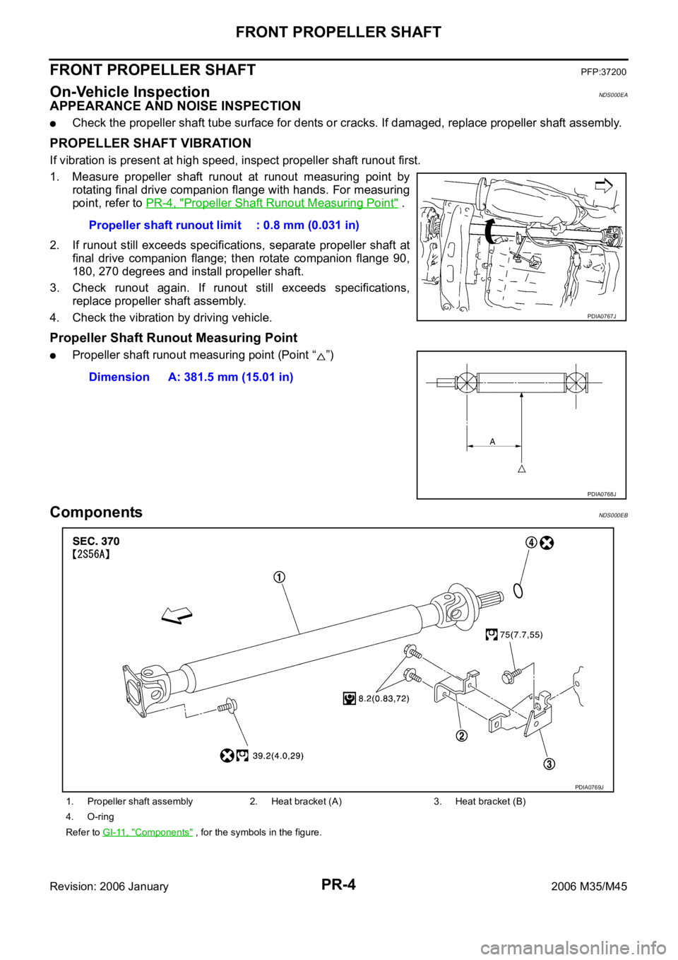 INFINITI M35 2006 Factory Service Manual PR-4
FRONT PROPELLER SHAFT
Revision: 2006 January2006 M35/M45
FRONT PROPELLER SHAFTPFP:37200
On-Vehicle InspectionNDS000EA
APPEARANCE AND NOISE INSPECTION
Check the propeller shaft tube surface for de INFINITI M35 2006 Factory Service Manual PR-4
FRONT PROPELLER SHAFT
Revision: 2006 January2006 M35/M45
FRONT PROPELLER SHAFTPFP:37200
On-Vehicle InspectionNDS000EA
APPEARANCE AND NOISE INSPECTION
Check the propeller shaft tube surface for de
