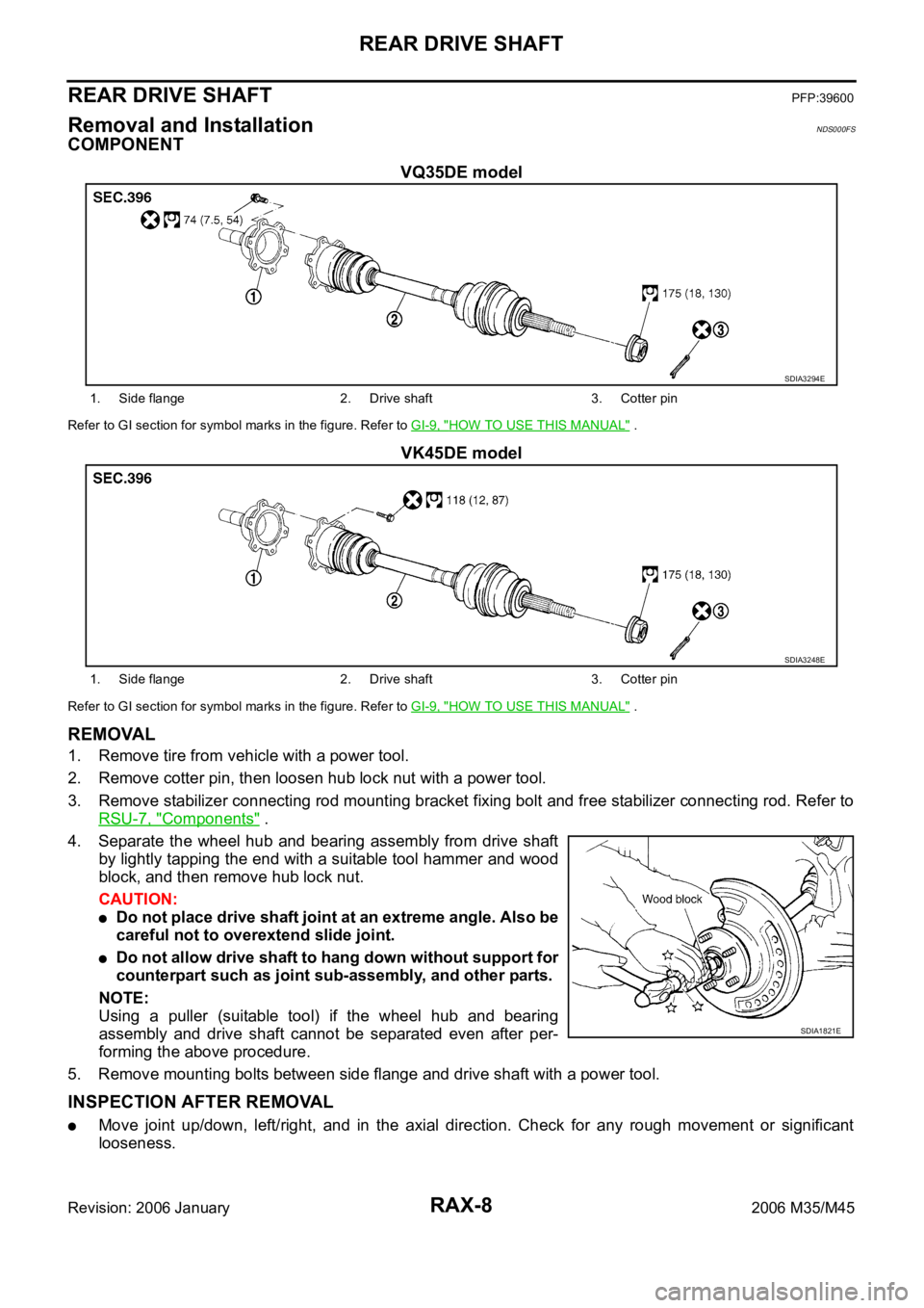 INFINITI M35 2006 Factory Service Manual RAX-8
REAR DRIVE SHAFT
Revision: 2006 January2006 M35/M45
REAR DRIVE SHAFTPFP:39600
Removal and InstallationNDS000FS
COMPONENT
VQ35DE model
Refer to GI section for symbol marks in the figure. Refer to INFINITI M35 2006 Factory Service Manual RAX-8
REAR DRIVE SHAFT
Revision: 2006 January2006 M35/M45
REAR DRIVE SHAFTPFP:39600
Removal and InstallationNDS000FS
COMPONENT
VQ35DE model
Refer to GI section for symbol marks in the figure. Refer to