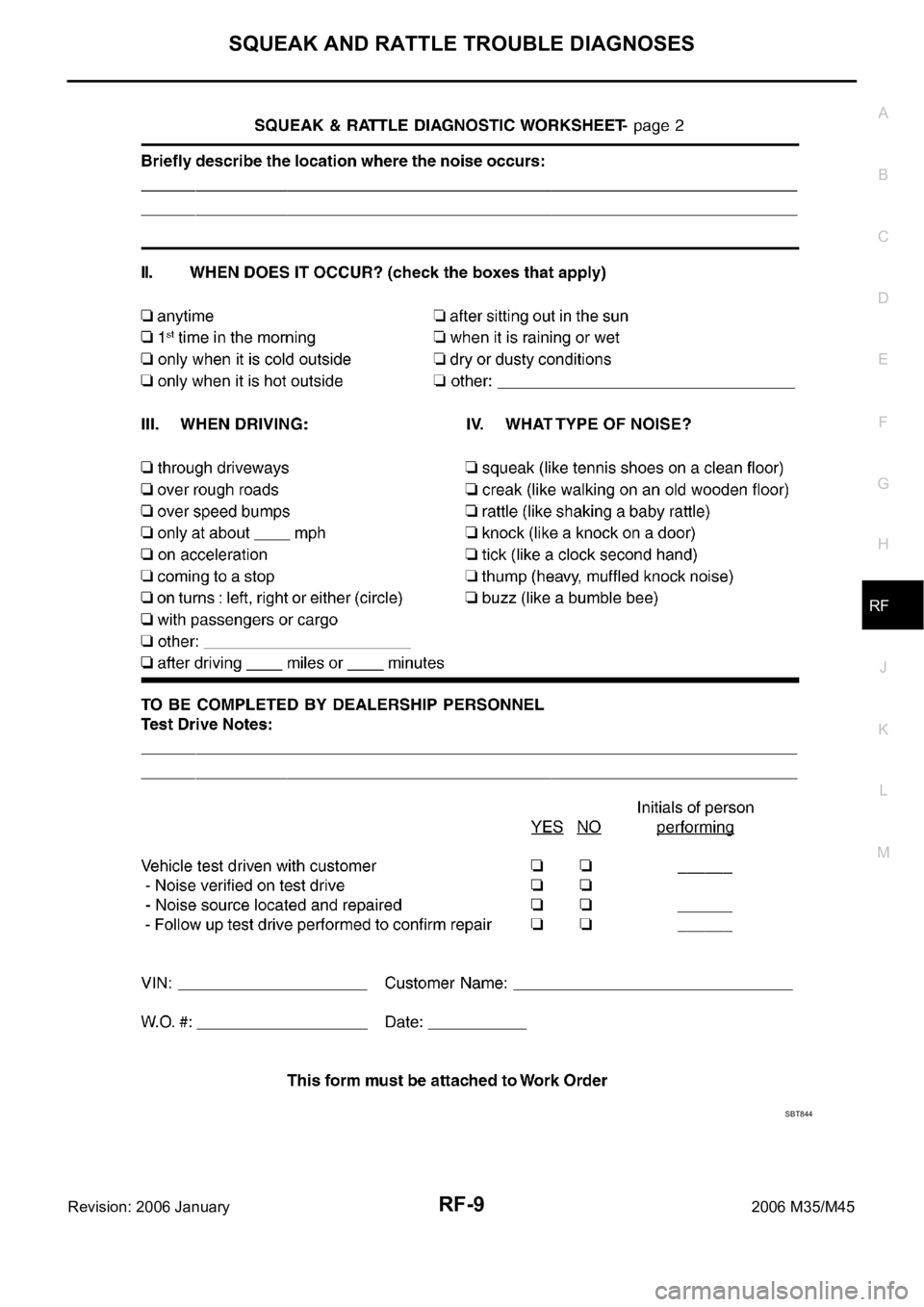 INFINITI M35 2006 Factory Service Manual SQUEAK AND RATTLE TROUBLE DIAGNOSES
RF-9
C
D
E
F
G
H
J
K
L
MA
B
RF
Revision: 2006 January2006 M35/M45
SBT844 INFINITI M35 2006 Factory Service Manual SQUEAK AND RATTLE TROUBLE DIAGNOSES
RF-9
C
D
E
F
G
H
J
K
L
MA
B
RF
Revision: 2006 January2006 M35/M45
SBT844