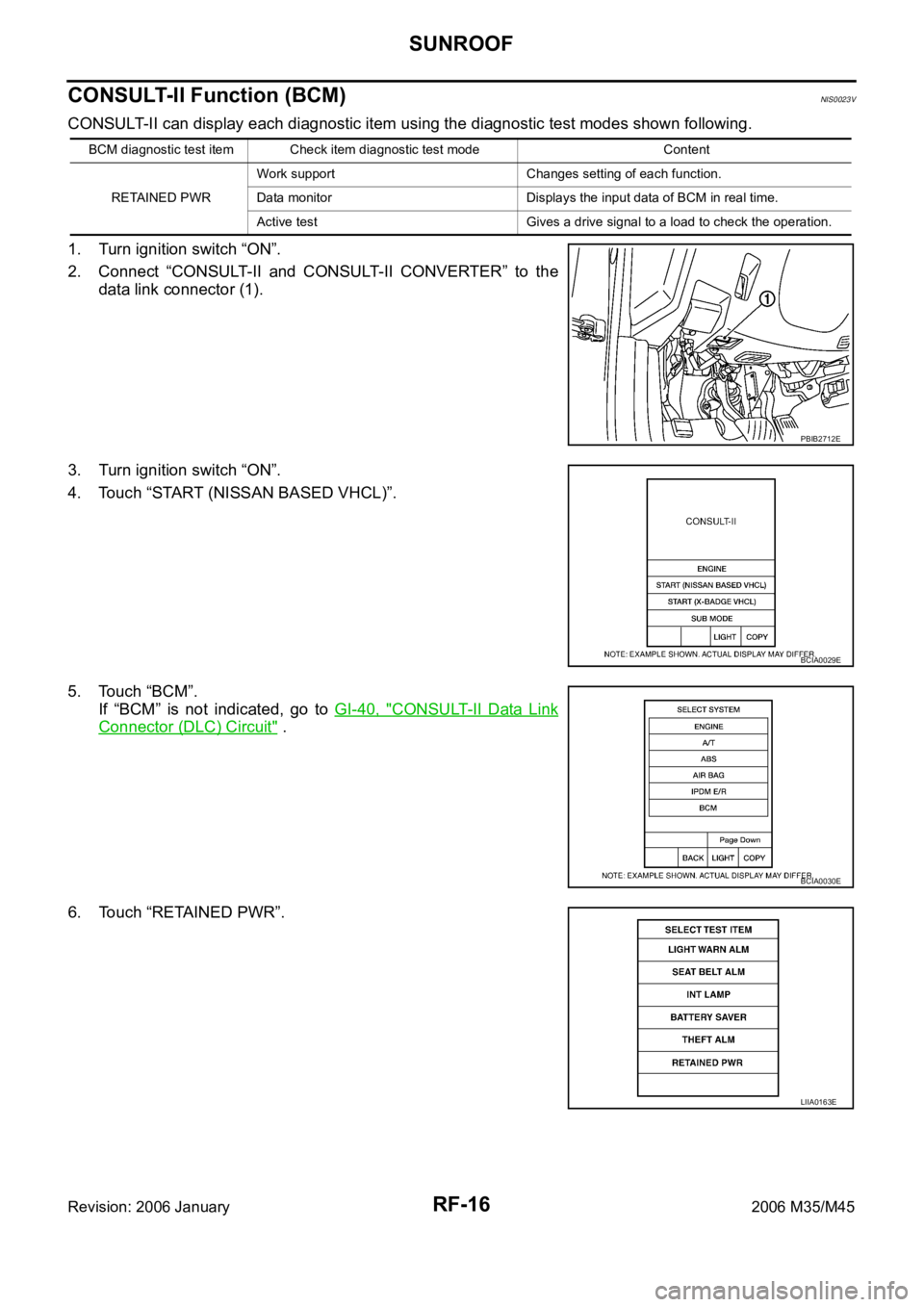 INFINITI M35 2006 Factory Service Manual RF-16
SUNROOF
Revision: 2006 January2006 M35/M45
CONSULT-II Function (BCM)NIS0023V
CONSULT-II can display each diagnostic item using the diagnostic test modes shown following.
1. Turn ignition switch INFINITI M35 2006 Factory Service Manual RF-16
SUNROOF
Revision: 2006 January2006 M35/M45
CONSULT-II Function (BCM)NIS0023V
CONSULT-II can display each diagnostic item using the diagnostic test modes shown following.
1. Turn ignition switch