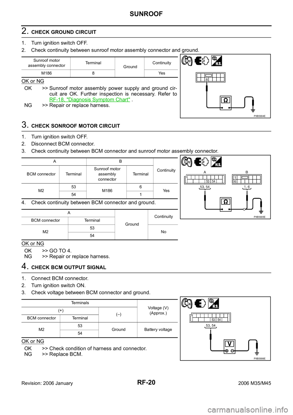 INFINITI M35 2006 Factory Service Manual RF-20
SUNROOF
Revision: 2006 January2006 M35/M45
2. CHECK GROUND CIRCUIT
1. Turn ignition switch OFF.
2. Check continuity between sunroof motor assembly connector and ground.
OK or NG
OK >> Sunroof m INFINITI M35 2006 Factory Service Manual RF-20
SUNROOF
Revision: 2006 January2006 M35/M45
2. CHECK GROUND CIRCUIT
1. Turn ignition switch OFF.
2. Check continuity between sunroof motor assembly connector and ground.
OK or NG
OK >> Sunroof m