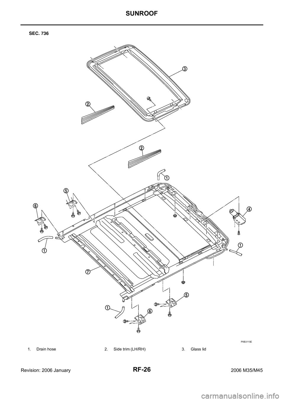 INFINITI M35 2006  Factory Owners Guide RF-26
SUNROOF
Revision: 2006 January2006 M35/M45
1. Drain hose 2. Side trim (LH/RH) 3. Glass lid
PIIB3115E 