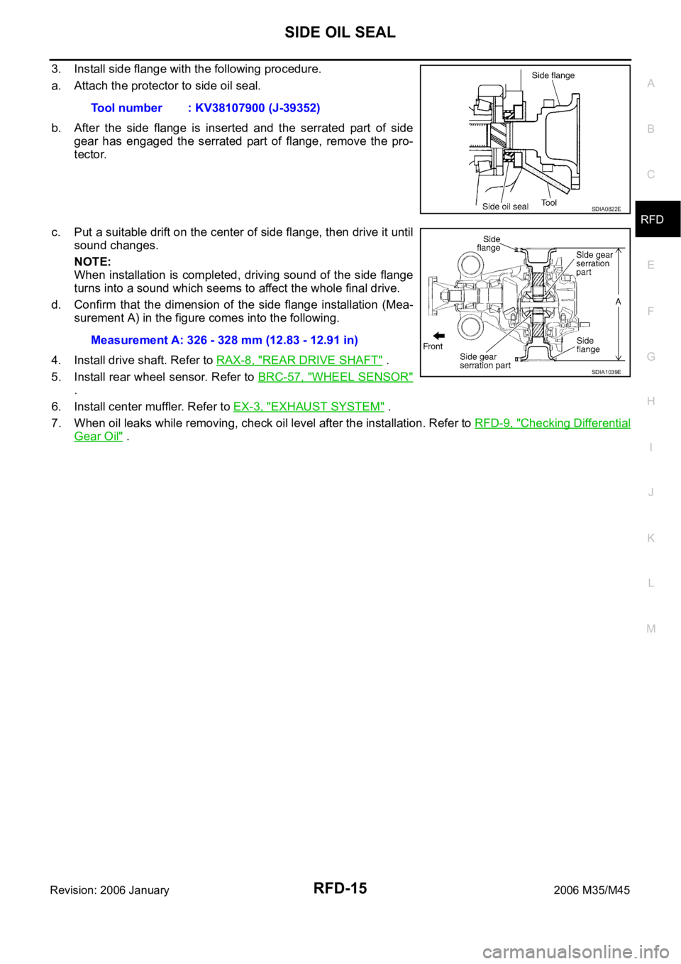 INFINITI M35 2006 Factory Service Manual SIDE OIL SEAL
RFD-15
C
E
F
G
H
I
J
K
L
MA
B
RFD
Revision: 2006 January2006 M35/M45
3. Install side flange with the following procedure.
a. Attach the protector to side oil seal.
b. After the side f INFINITI M35 2006 Factory Service Manual SIDE OIL SEAL
RFD-15
C
E
F
G
H
I
J
K
L
MA
B
RFD
Revision: 2006 January2006 M35/M45
3. Install side flange with the following procedure.
a. Attach the protector to side oil seal.
b. After the side f