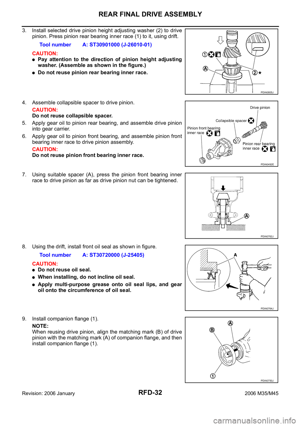 INFINITI M35 2006 Factory Service Manual RFD-32
REAR FINAL DRIVE ASSEMBLY
Revision: 2006 January2006 M35/M45
3. Install selected drive pinion height adjusting washer (2) to drive
pinion. Press pinion rear bearing inner race (1) to it, using INFINITI M35 2006 Factory Service Manual RFD-32
REAR FINAL DRIVE ASSEMBLY
Revision: 2006 January2006 M35/M45
3. Install selected drive pinion height adjusting washer (2) to drive
pinion. Press pinion rear bearing inner race (1) to it, using