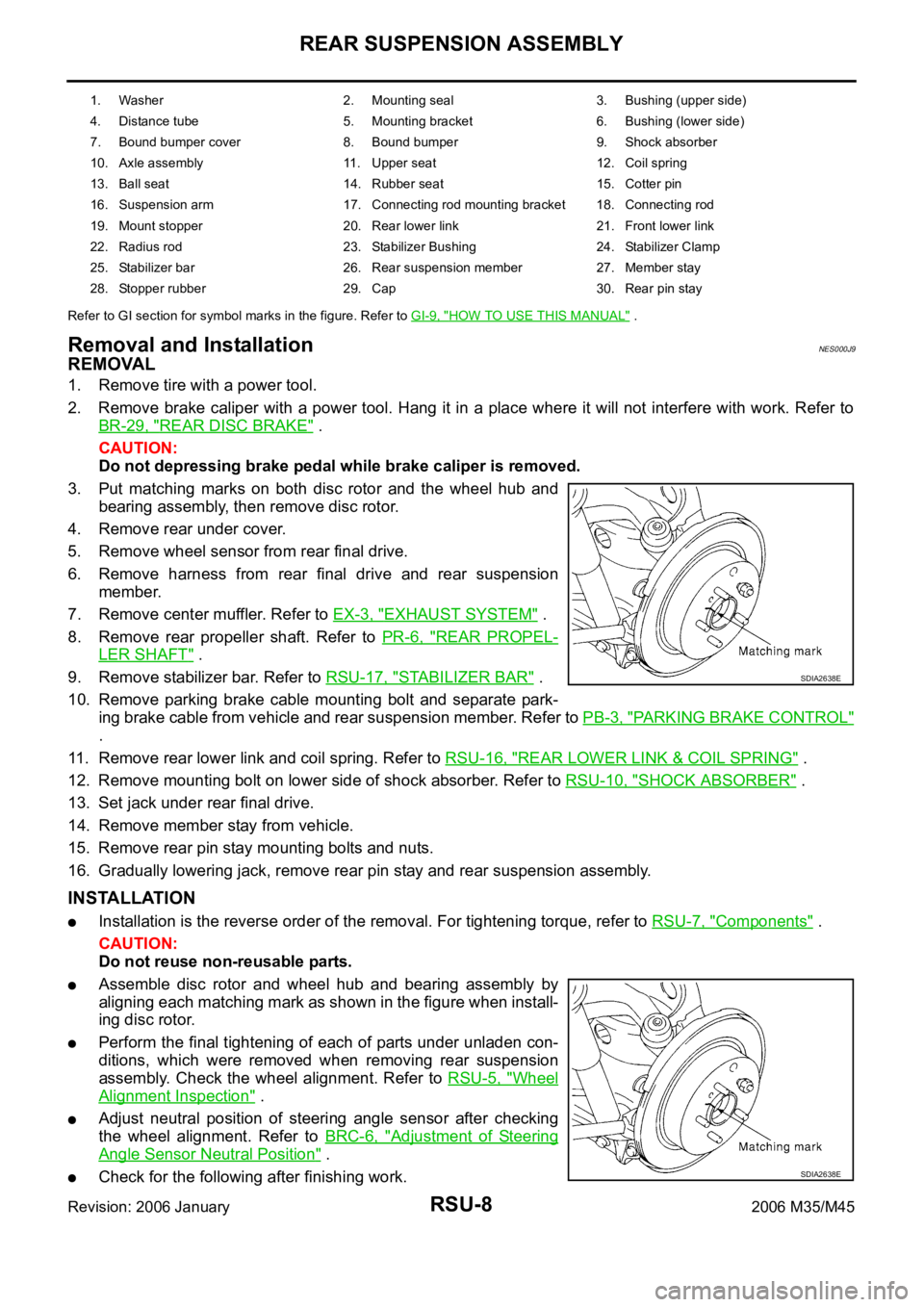 INFINITI M35 2006 Factory Owners Manual RSU-8
REAR SUSPENSION ASSEMBLY
Revision: 2006 January2006 M35/M45
Refer to GI section for symbol marks in the figure. Refer to GI-9, "HOW TO USE THIS MANUAL" .
Removal and InstallationNES000J9 INFINITI M35 2006 Factory Owners Manual RSU-8
REAR SUSPENSION ASSEMBLY
Revision: 2006 January2006 M35/M45
Refer to GI section for symbol marks in the figure. Refer to GI-9, "HOW TO USE THIS MANUAL" .
Removal and InstallationNES000J9
