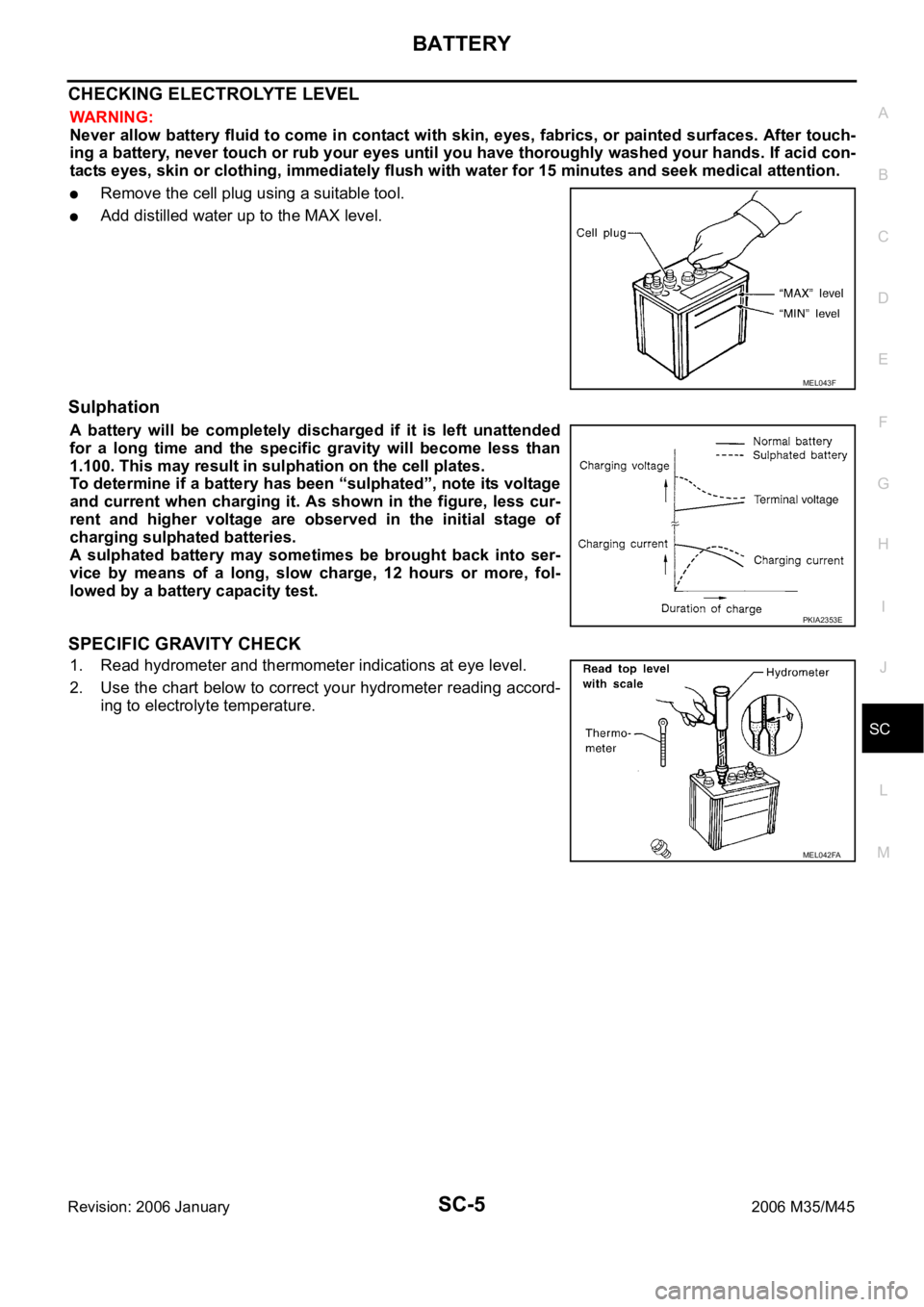 INFINITI M35 2006 Factory Repair Manual BATTERY
SC-5
C
D
E
F
G
H
I
J
L
MA
B
SC
Revision: 2006 January2006 M35/M45
CHECKING ELECTROLYTE LEVEL
WAR NING :
Never allow battery fluid to come in contact with skin, eyes, fabrics, or painted surfa INFINITI M35 2006 Factory Repair Manual BATTERY
SC-5
C
D
E
F
G
H
I
J
L
MA
B
SC
Revision: 2006 January2006 M35/M45
CHECKING ELECTROLYTE LEVEL
WAR NING :
Never allow battery fluid to come in contact with skin, eyes, fabrics, or painted surfa