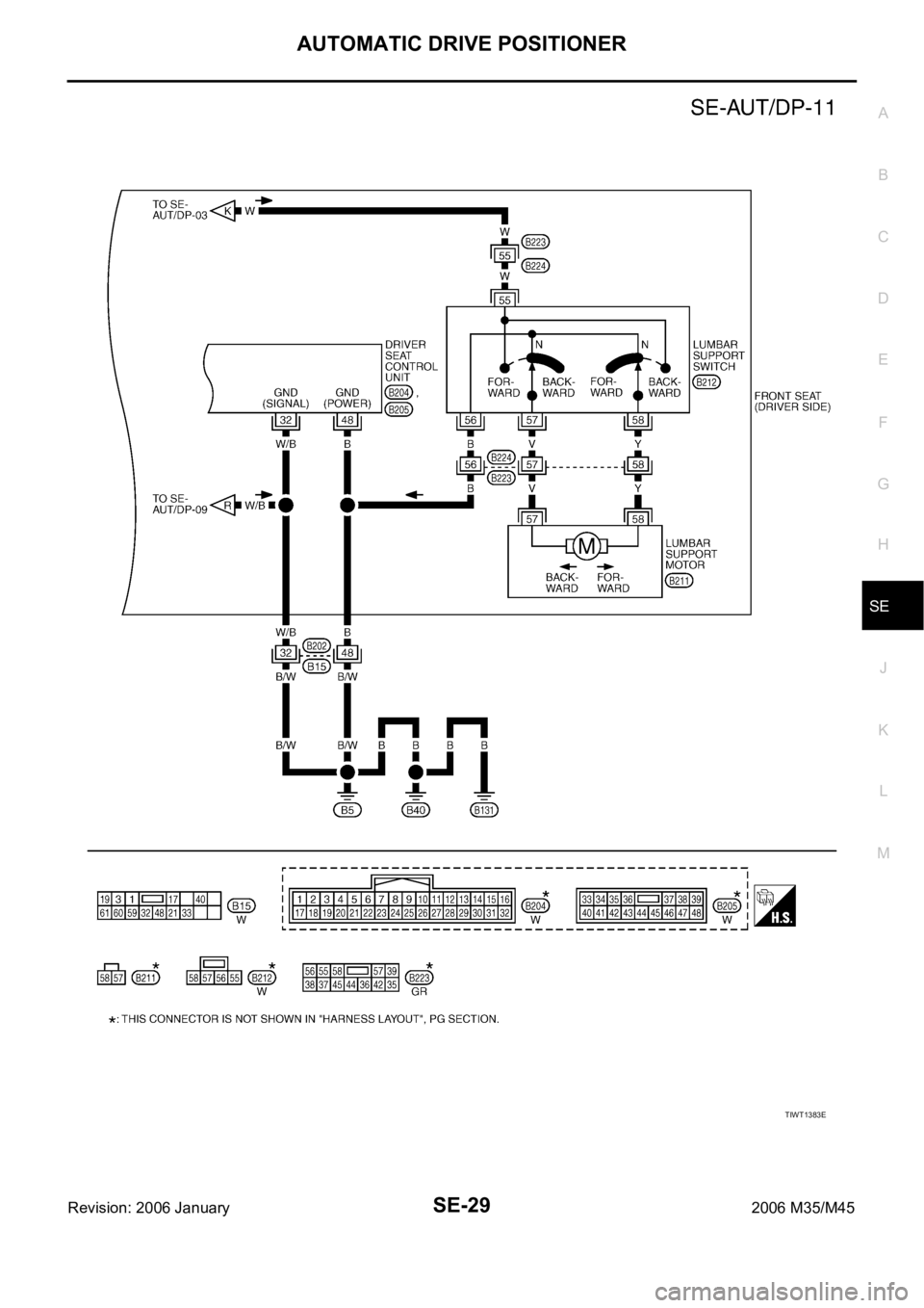 INFINITI M35 2006  Factory Service Manual AUTOMATIC DRIVE POSITIONER
SE-29
C
D
E
F
G
H
J
K
L
MA
B
SE
Revision: 2006 January2006 M35/M45
TIWT1383E 