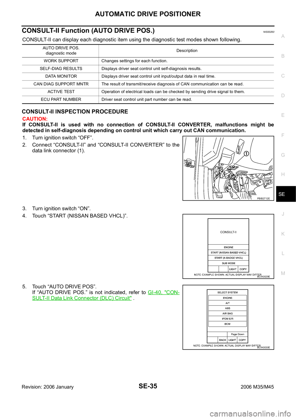 INFINITI M35 2006 Factory Service Manual AUTOMATIC DRIVE POSITIONER
SE-35
C
D
E
F
G
H
J
K
L
MA
B
SE
Revision: 2006 January2006 M35/M45
CONSULT-II Function (AUTO DRIVE POS.)NIS00260
CONSULT-II can display each diagnostic item using the diagno INFINITI M35 2006 Factory Service Manual AUTOMATIC DRIVE POSITIONER
SE-35
C
D
E
F
G
H
J
K
L
MA
B
SE
Revision: 2006 January2006 M35/M45
CONSULT-II Function (AUTO DRIVE POS.)NIS00260
CONSULT-II can display each diagnostic item using the diagno