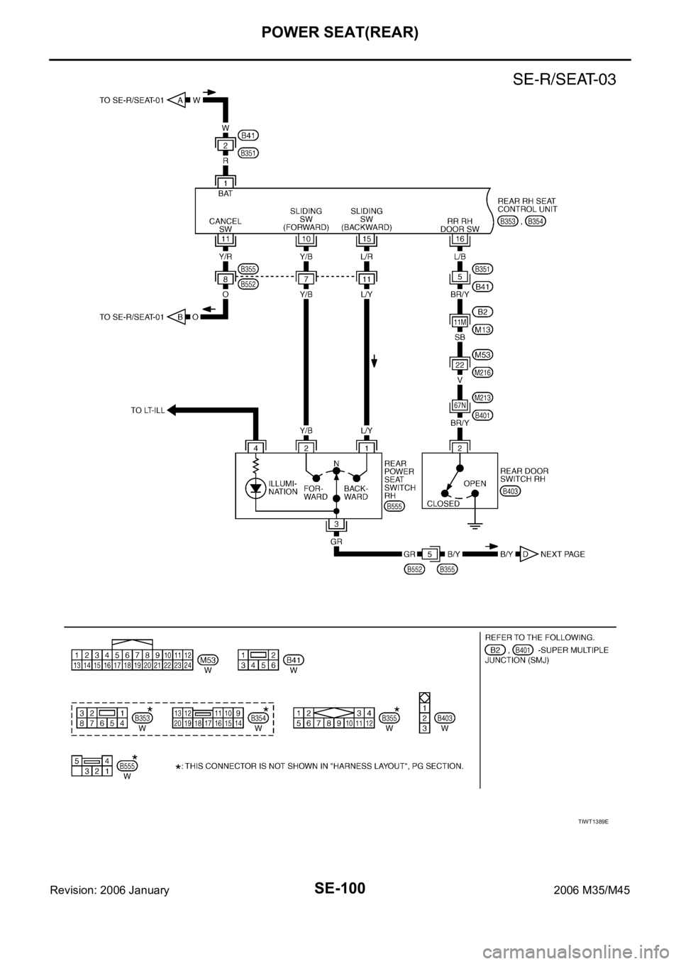 INFINITI M35 2006 Factory Service Manual SE-100
POWER SEAT(REAR)
Revision: 2006 January2006 M35/M45
TIWT1389E INFINITI M35 2006 Factory Service Manual SE-100
POWER SEAT(REAR)
Revision: 2006 January2006 M35/M45
TIWT1389E