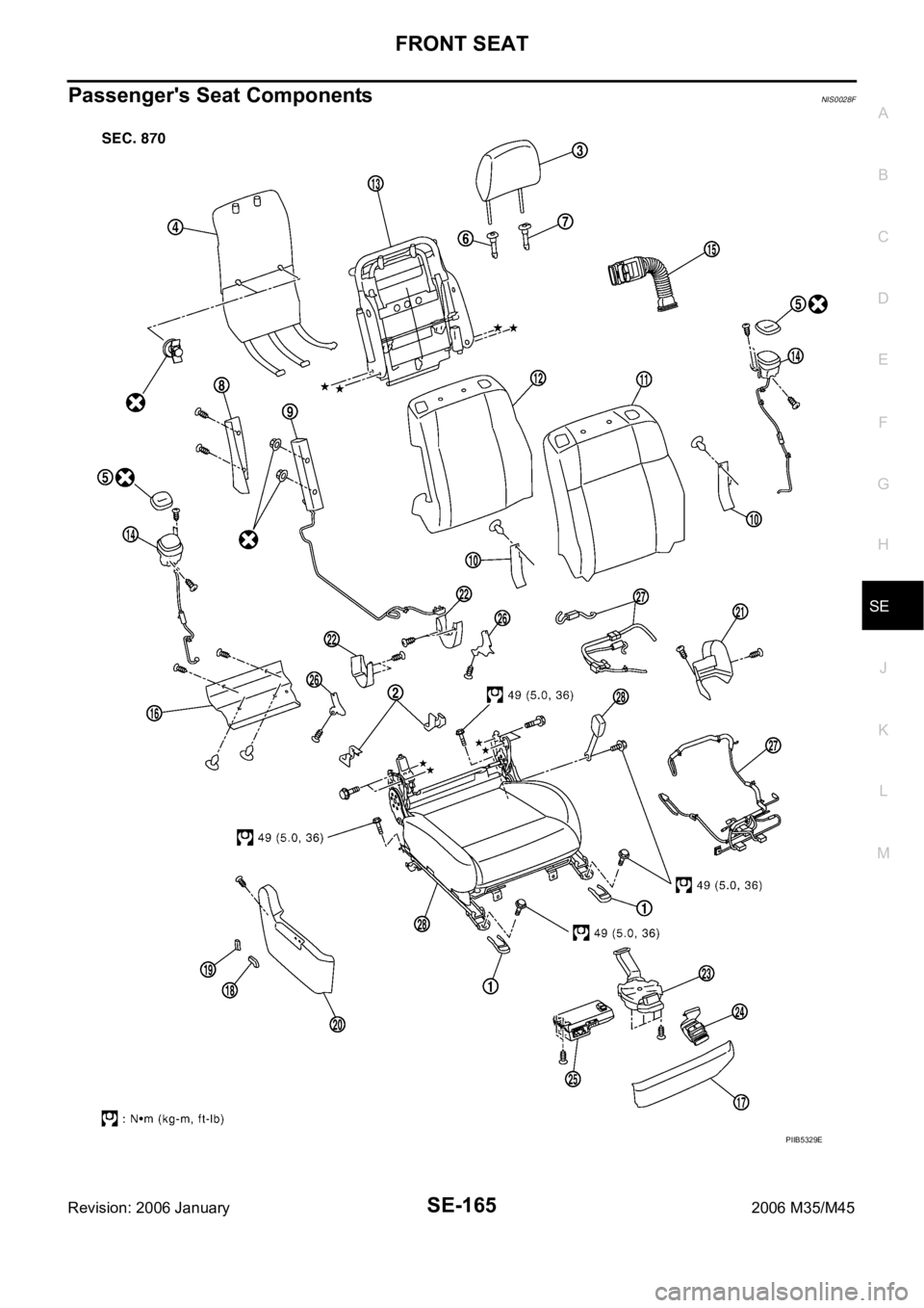 INFINITI M35 2006 Factory Service Manual FRONT SEAT
SE-165
C
D
E
F
G
H
J
K
L
MA
B
SE
Revision: 2006 January2006 M35/M45
Passenger's Seat ComponentsNIS0028F
PIIB5329E INFINITI M35 2006 Factory Service Manual FRONT SEAT
SE-165
C
D
E
F
G
H
J
K
L
MA
B
SE
Revision: 2006 January2006 M35/M45
Passenger's Seat ComponentsNIS0028F
PIIB5329E